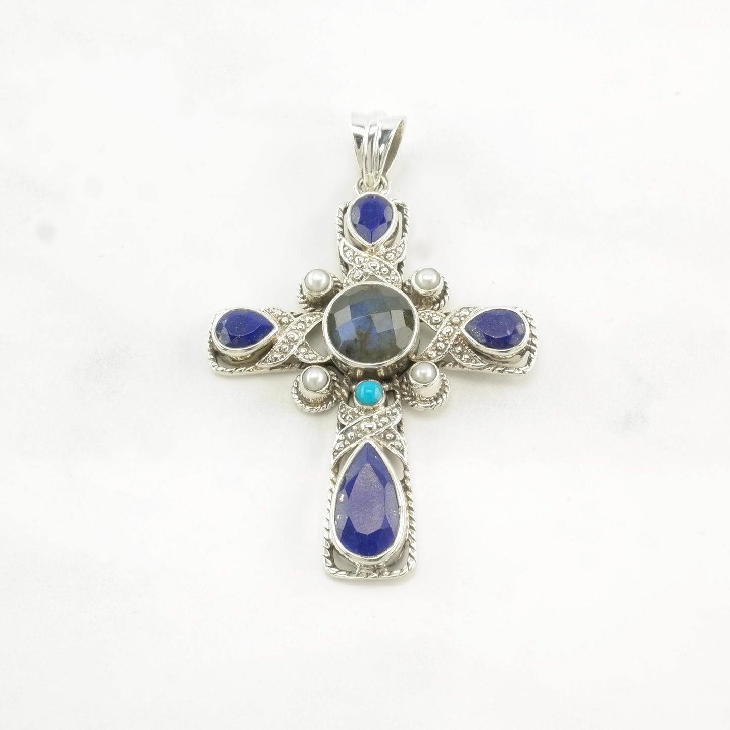 Vintage Nicky Butler Labradorite, Lapis Lazuli Turquoise, Pearl Sterling Silver Pendant