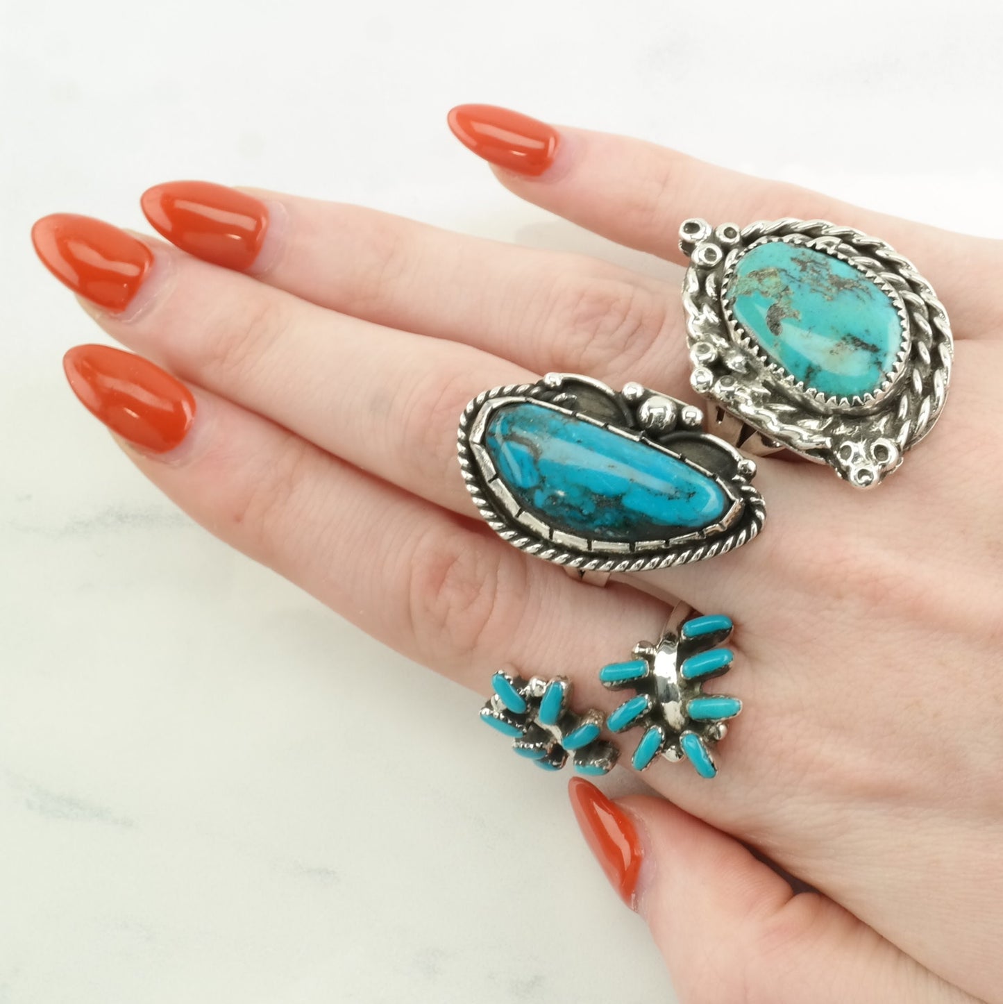 Vintage Southwest Silver Ring Block Turquoise Bypass Sterling Blue Size 7 3/4