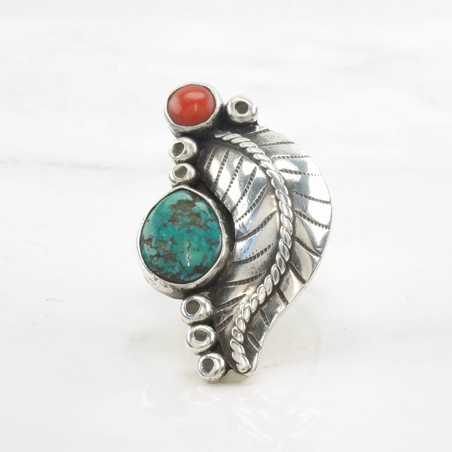 Vintage Native American Ring Turquoise, Coral Feather Sterling Silver Size 7 3/4