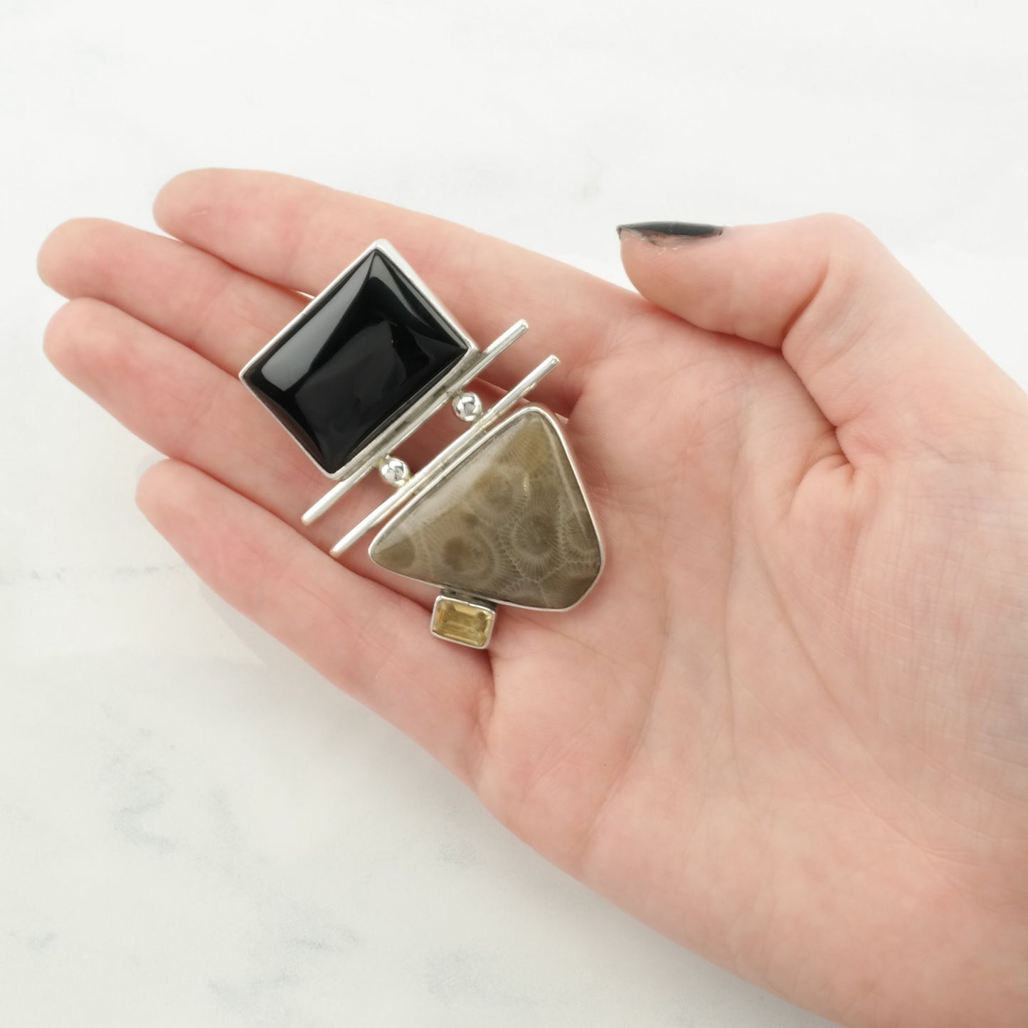 Vintage Native American Onyx, Citrine, Petoskey Sterling Silver Pendant