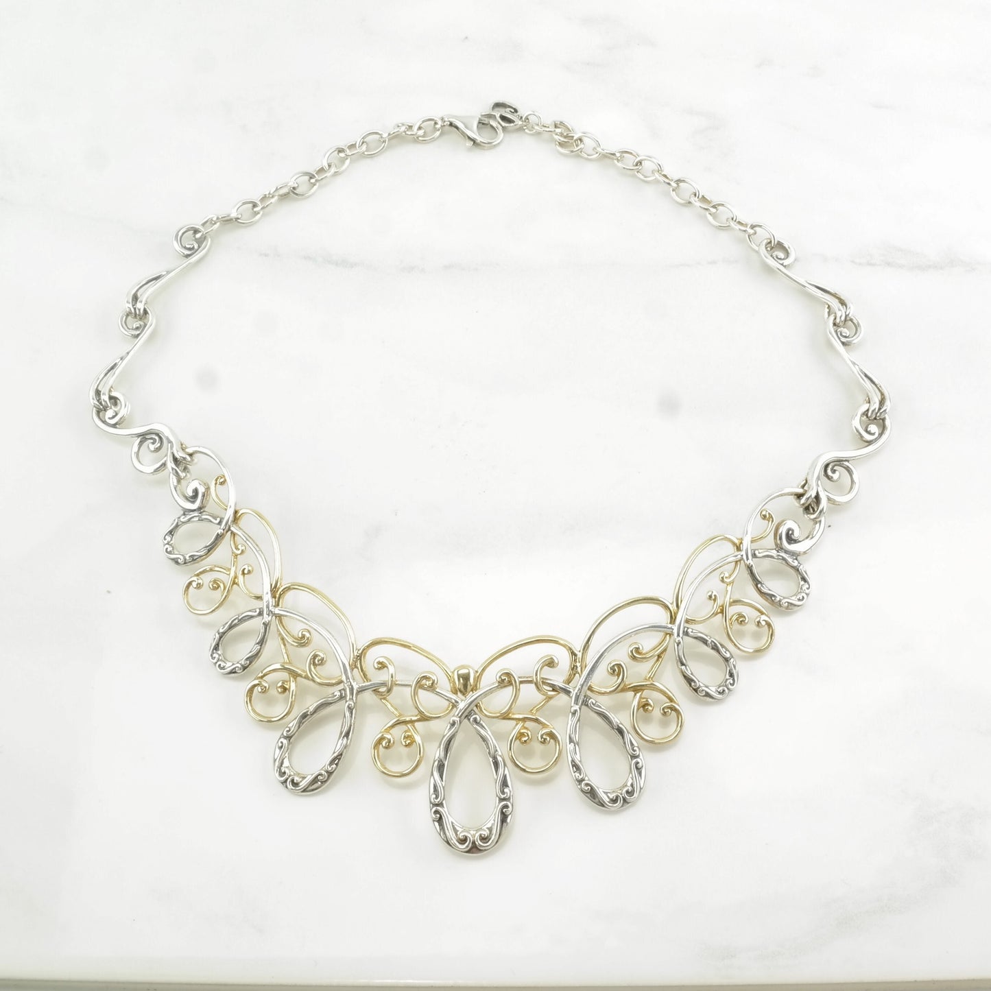 Carolyn Pollack Sterling Silver & Brass Necklace | Vintage Scroll Necklace | Statement Necklace | Southwestern Jewelry