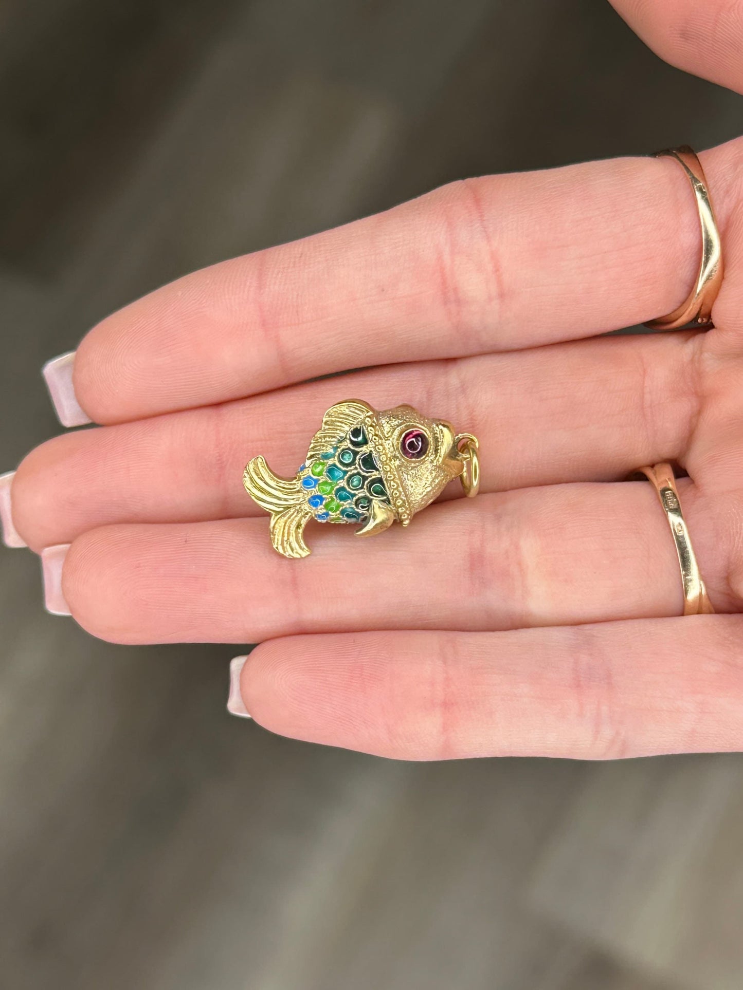 Vintage Enamel Garnet Faberge Style Fish Sterling Silver Pendant