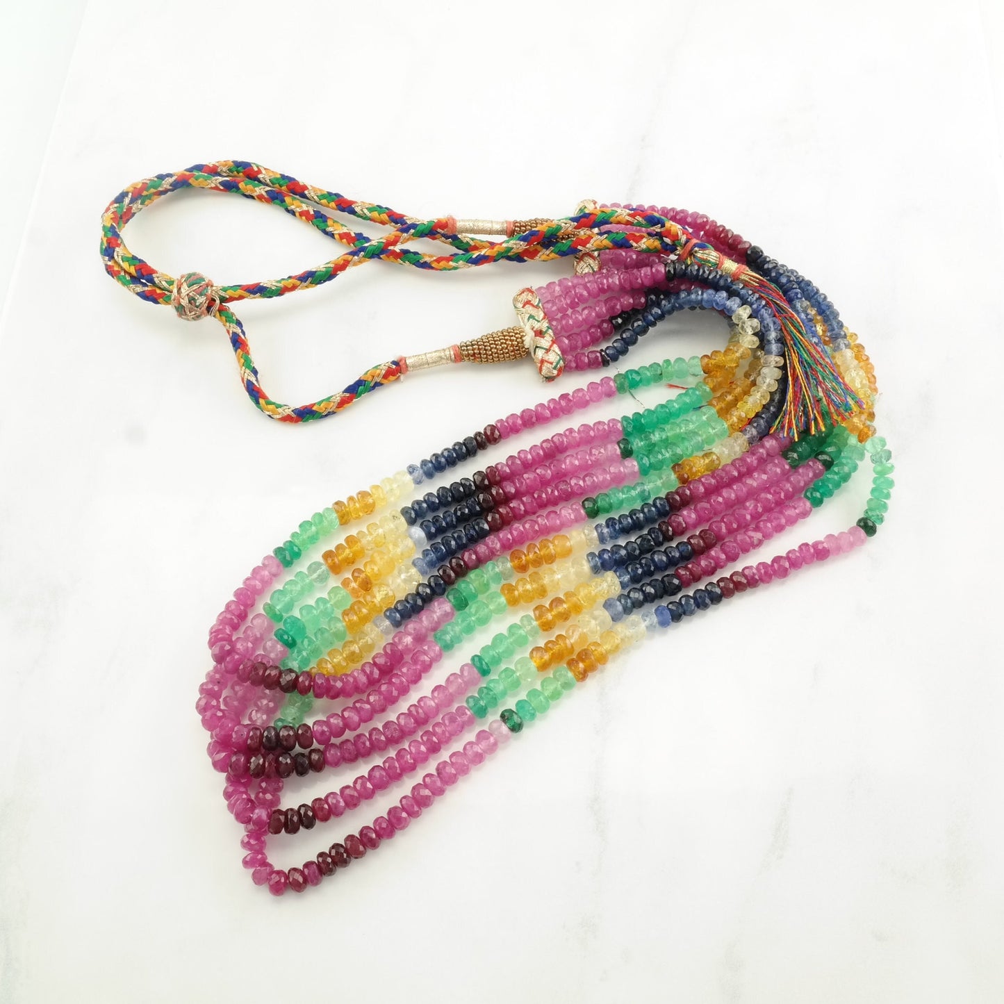 Vintage 500 ctw Rainbow Ruby, Sapphire, Citrine, Emerald 5 Strand, Bead Necklace