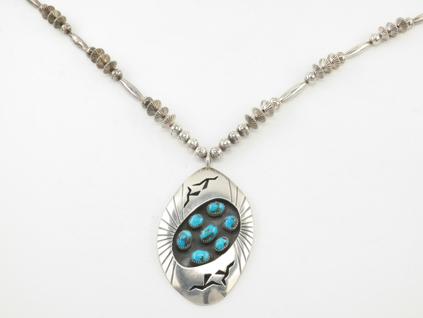 Vintage Native American Sterling Silver Turquoise Cluster Shadowbox Navajo Beads Necklace