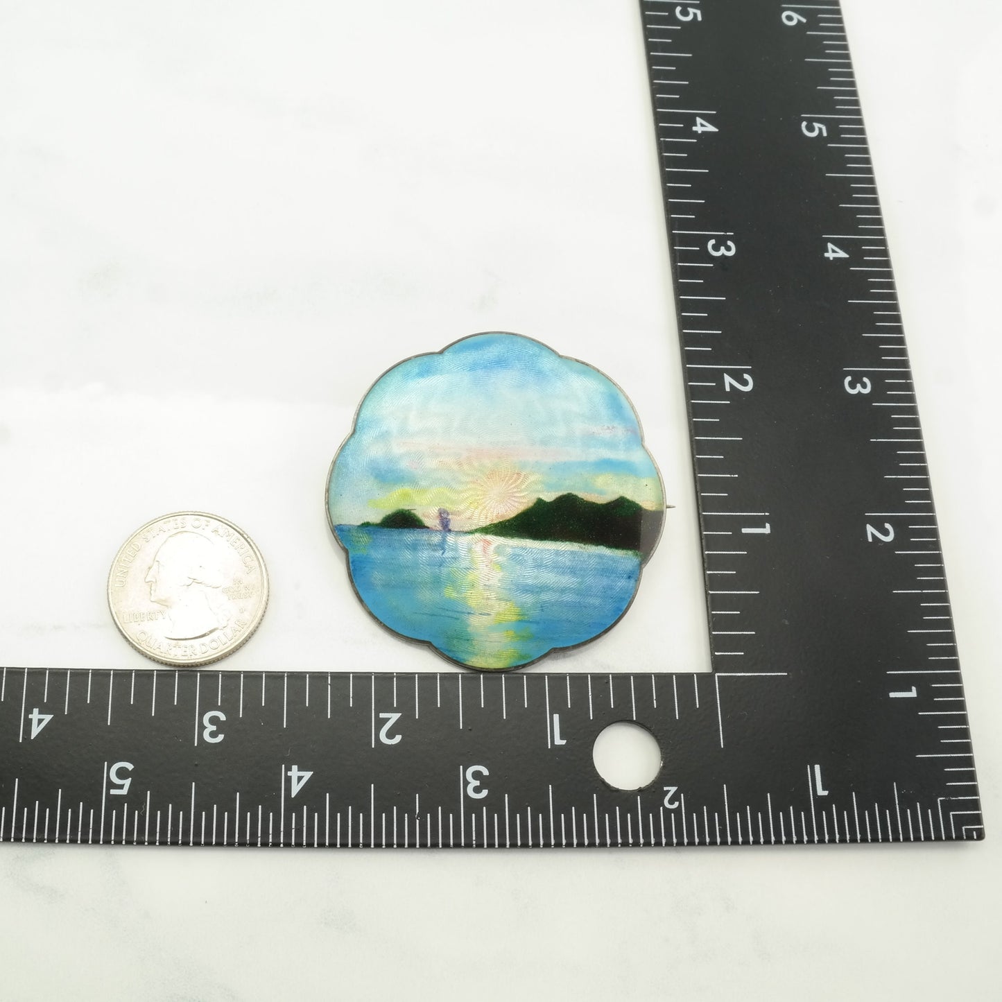 Gustav Gaudernack Sterling Silver Brooch Sunrise, Water, Scene Enamel