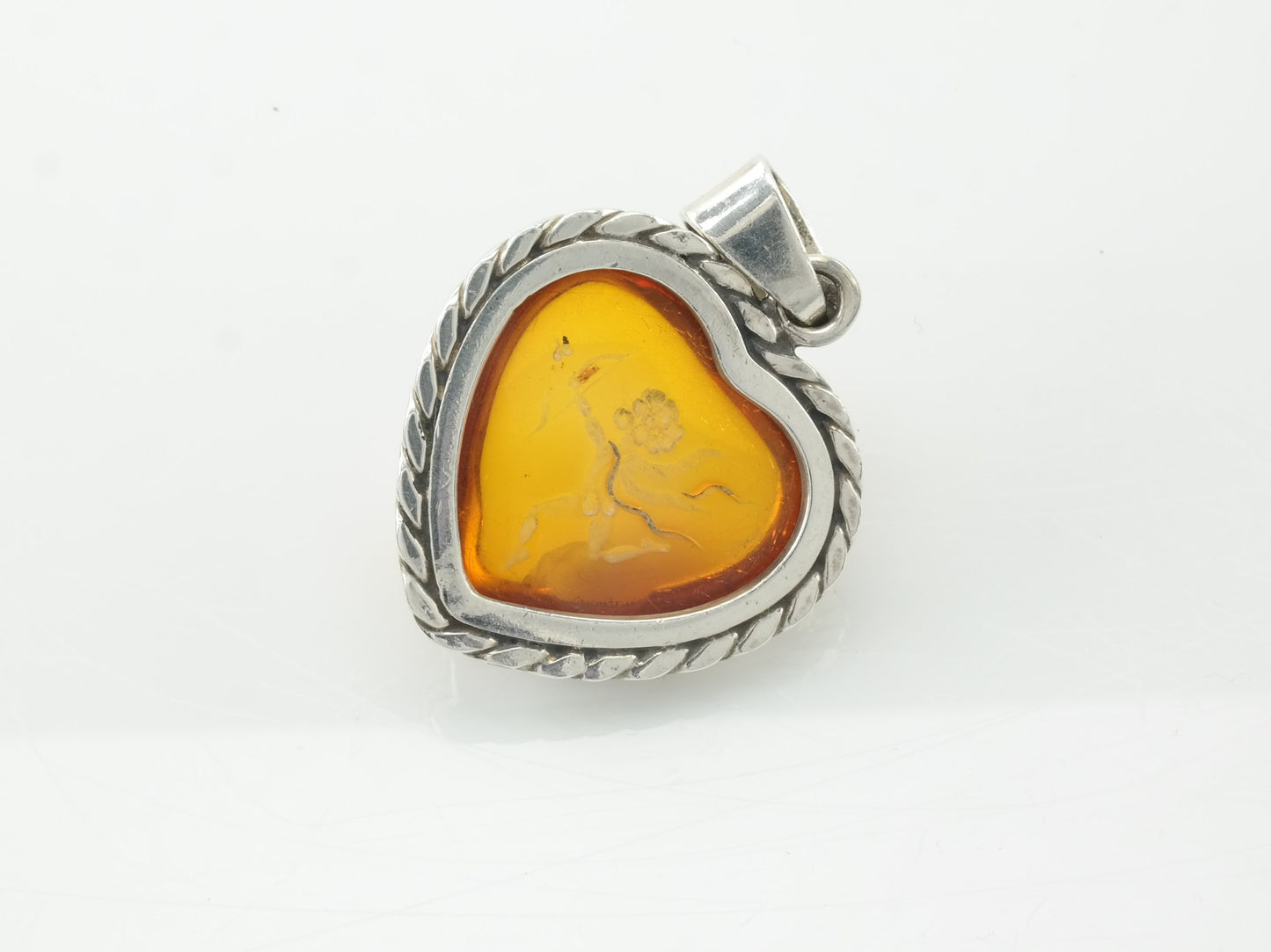 Vintage Amber Heart Intaglio Cupid Sterling Silver Pendant Orange