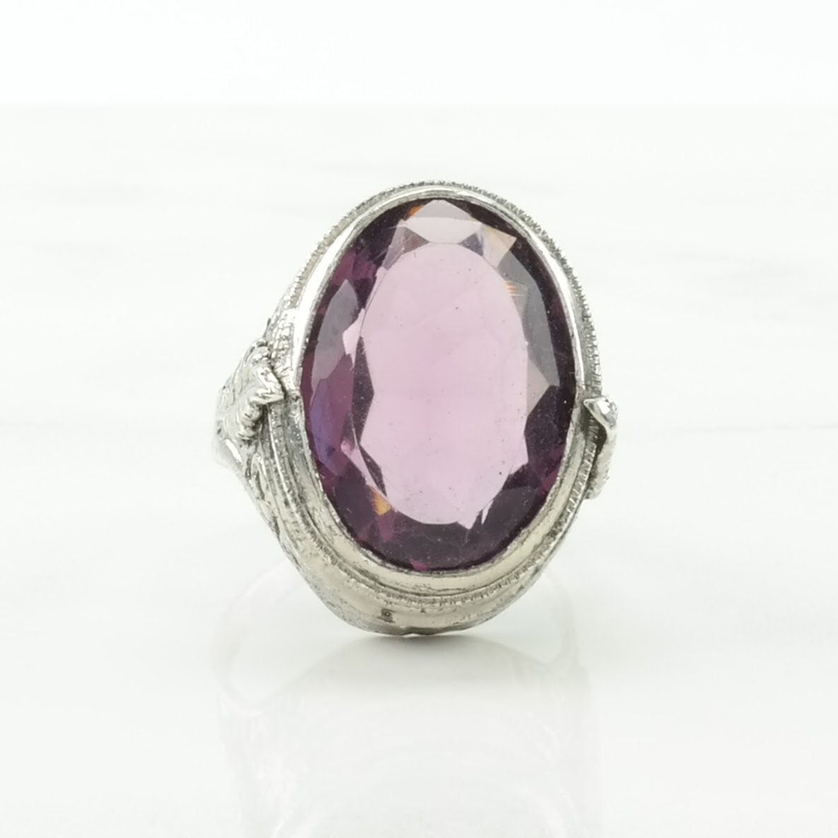 Vintage Art Deco Revival Silver Ring Amethyst Filigree Sterling Purple Size 5 1/2