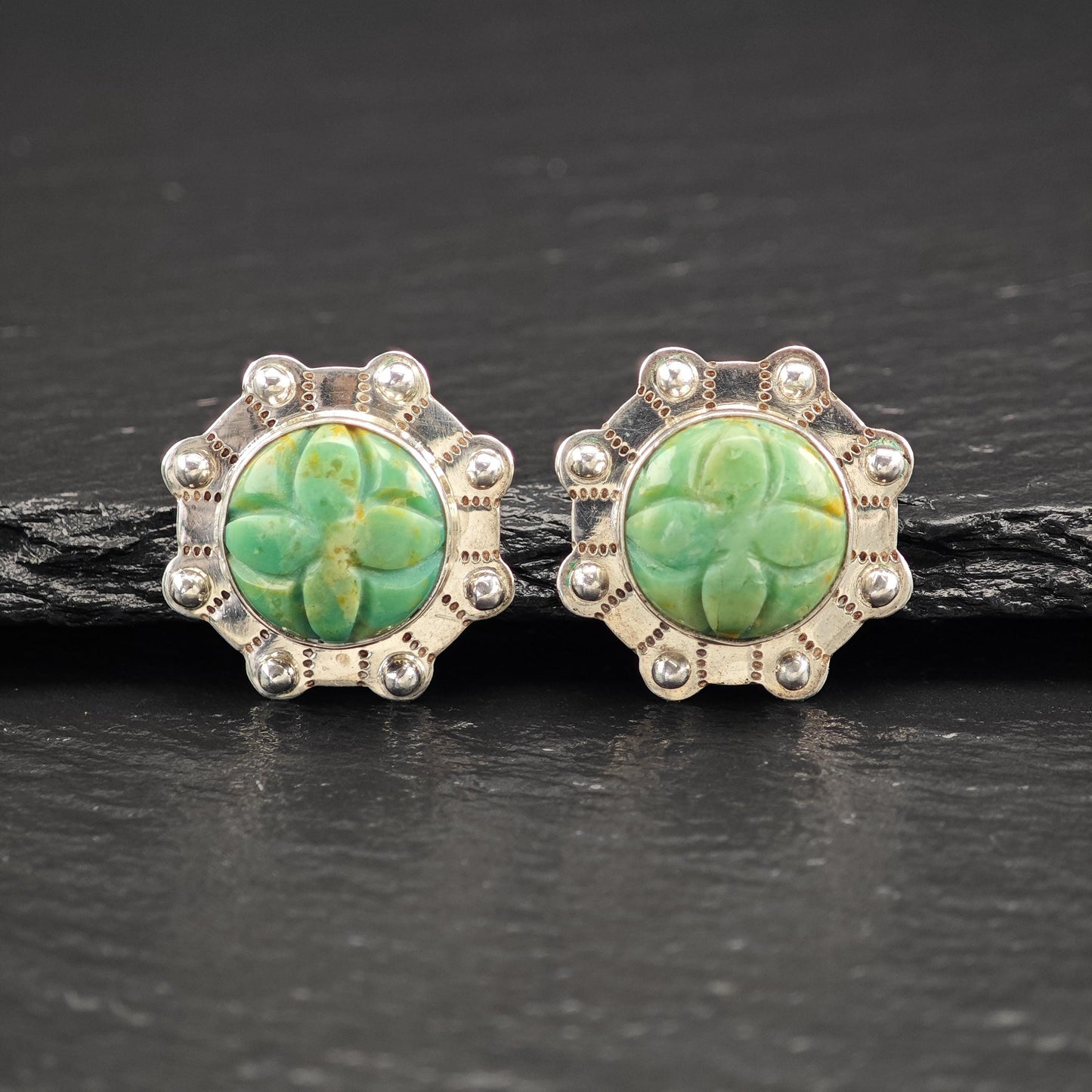 Green Gemstone Carved Floral Stud Earrings Sterling Silver
