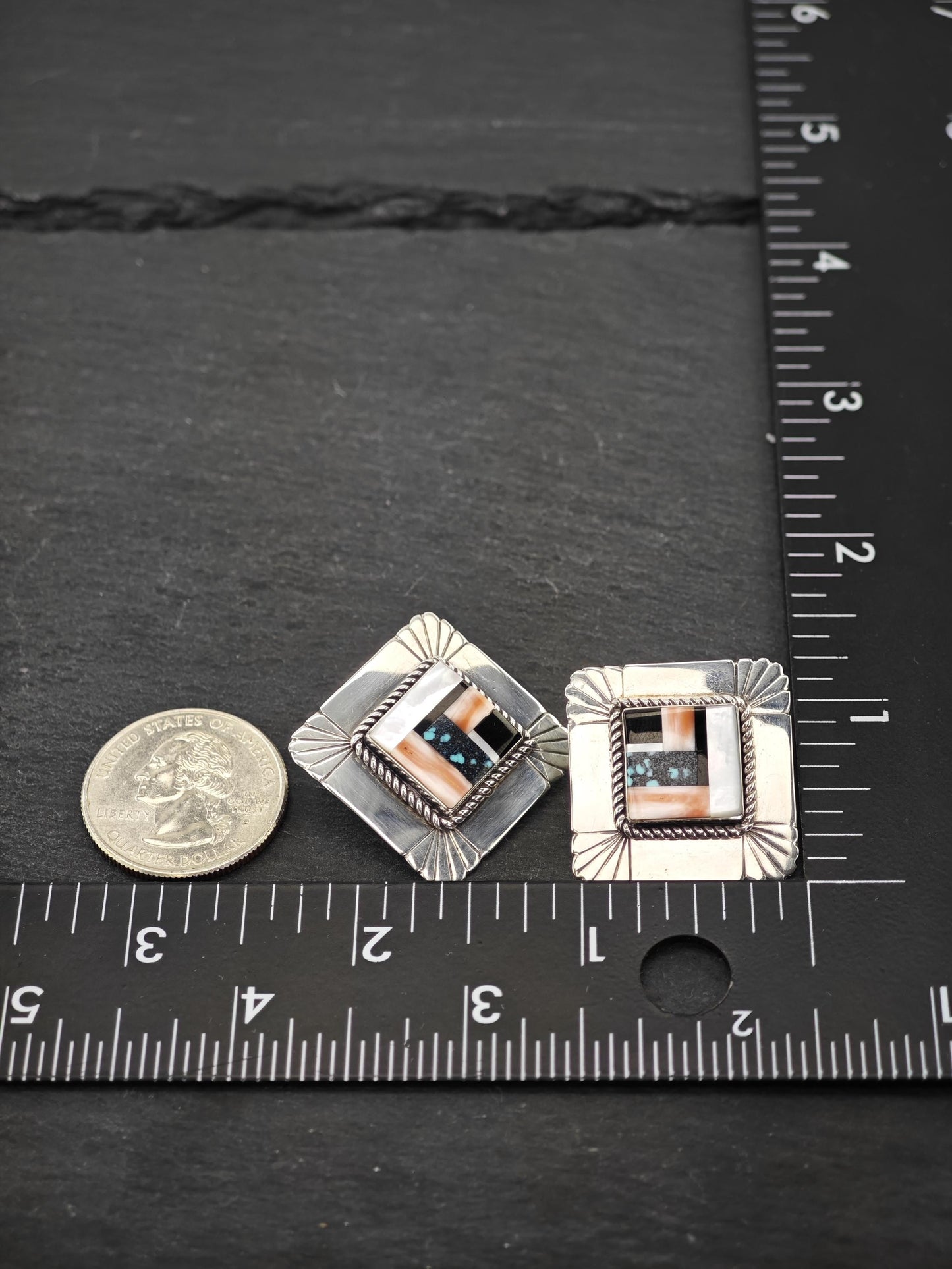 Vintage Inlay Sterling Silver Stud Earrings