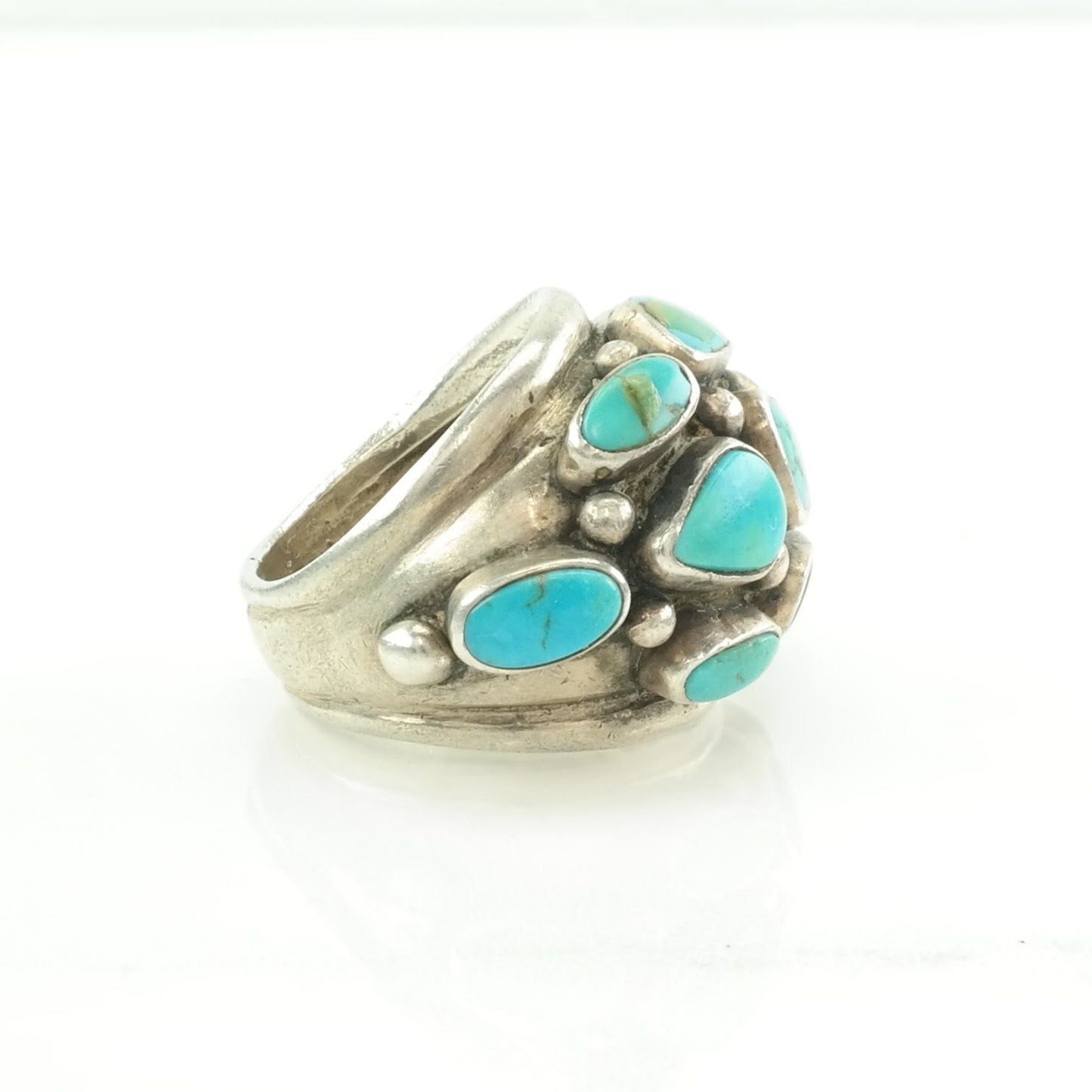 Native Silver Ring Turquoise Cluster, Dome Sterling Blue Sz7 1/4 R5222
