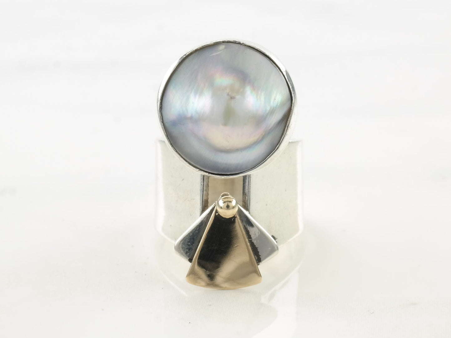 Vintage Modernist Silver Ring Pearl Two tone Sterling Size 6 1/2