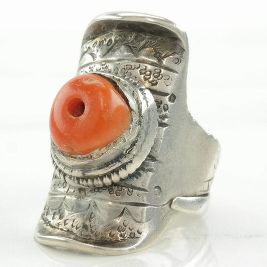 Vintage Sterling Silver Ring Coral Saddle, Stamped Orange Size 5 1/2 - 5 3/4
