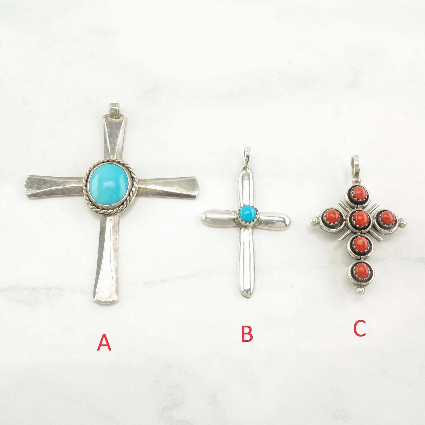 Vintage Native American Turquoise, Coral Cross Sterling Silver Pendant