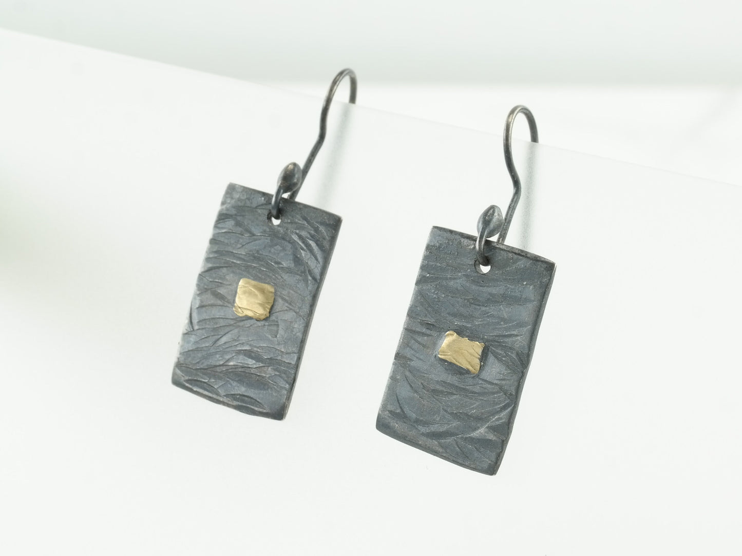 Modernist Sterling Silver Rectangular 18k Gold Fish Hooks Earrings