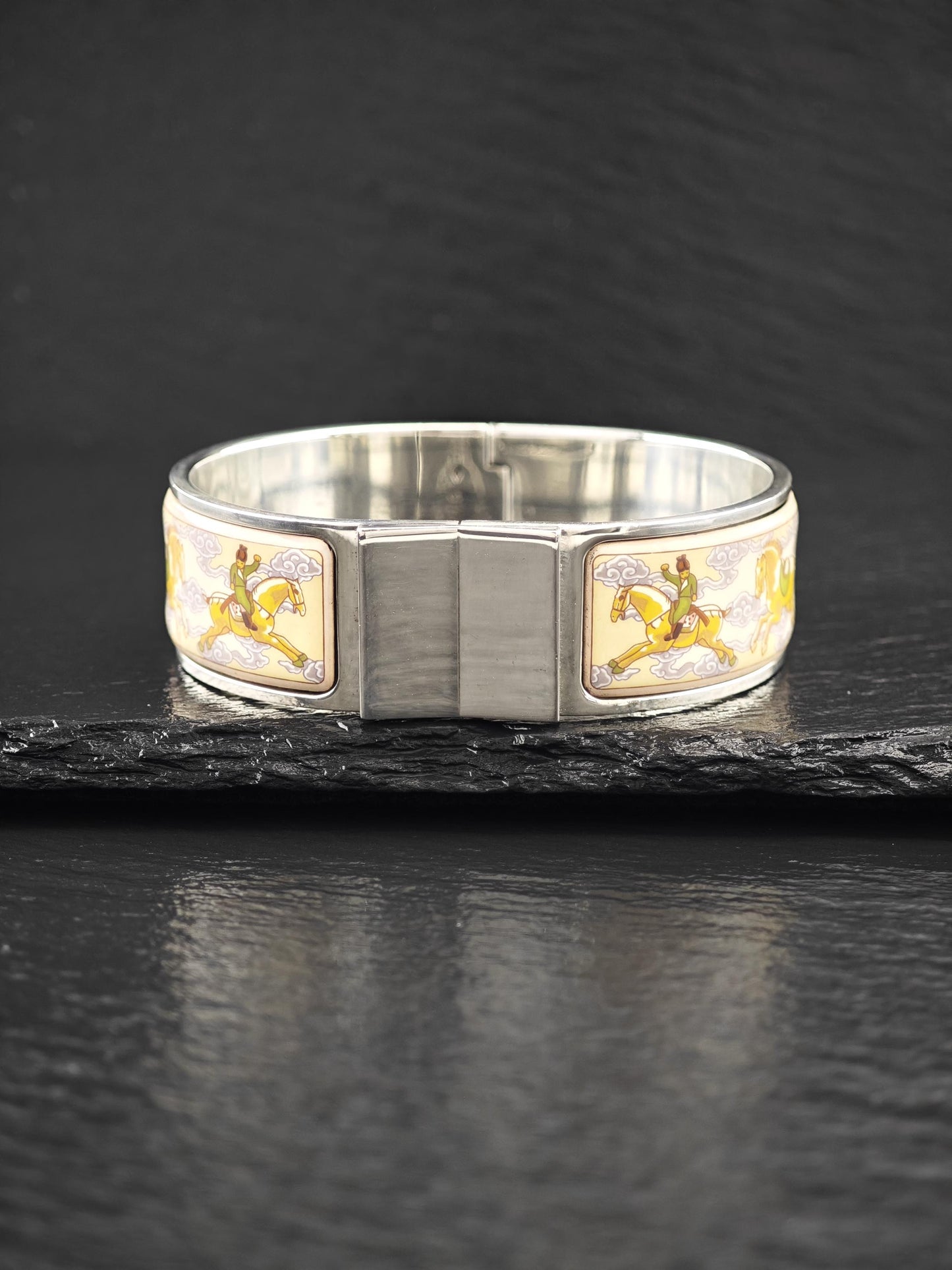 Rare Hermes Equestrian Bangle Bracelet Sterling Silver Porcelain Vintage