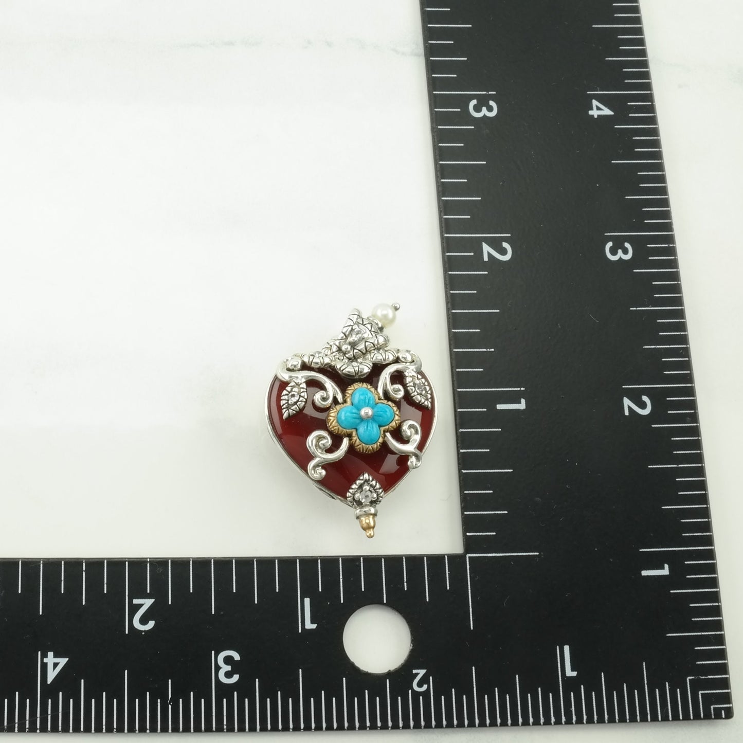 Vintage Barbara Bixby Carnelian, Turquoise, Pearl Heart, Floral Sterling Silver Pendant