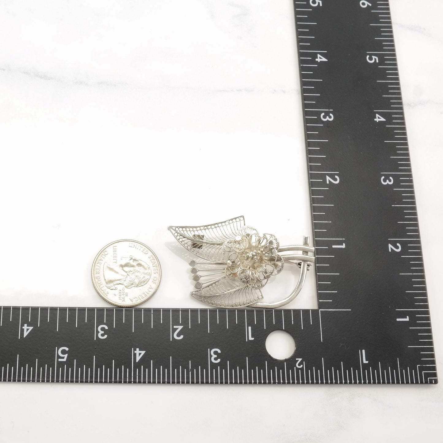 Silver Brooch Filigree Flower Sterling B1637