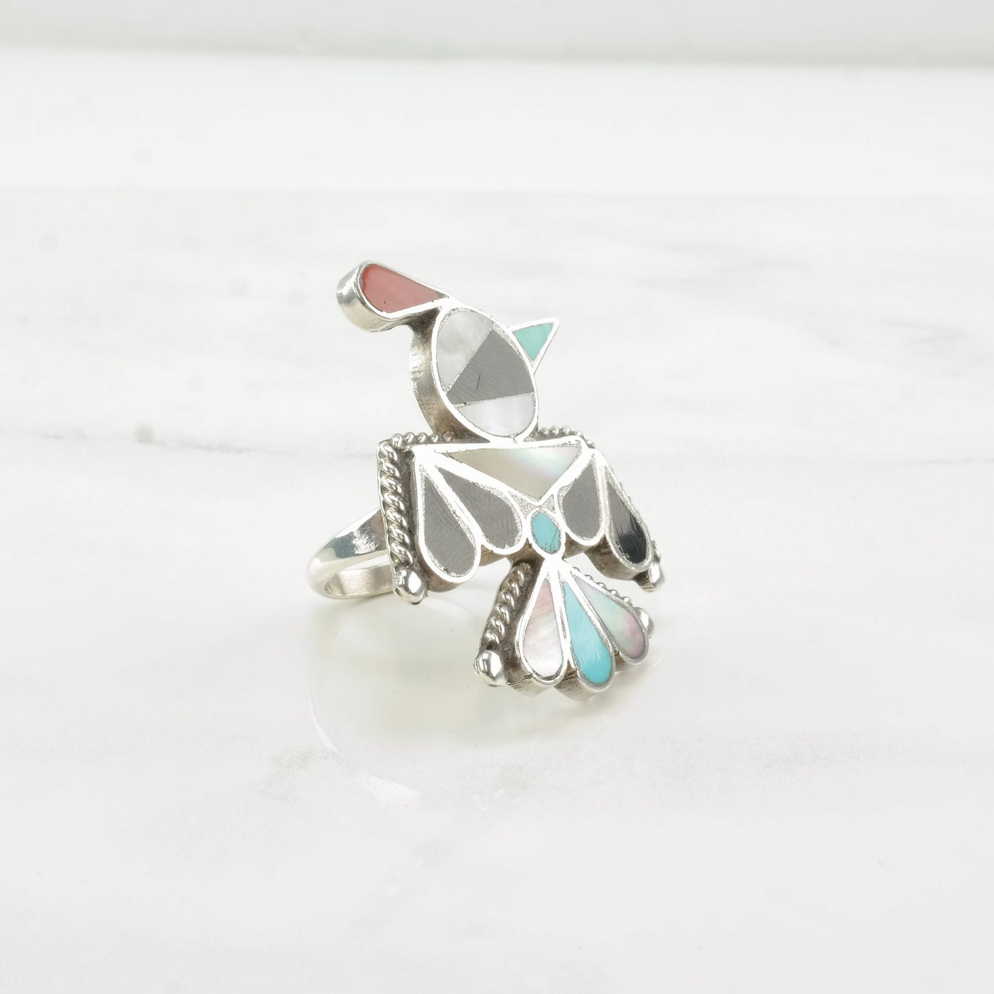 Vintage Zuni Sterling Silver Thunderbird Ring with Multi-Stone Inlay, Size 7, Attributed to Bobby Shack