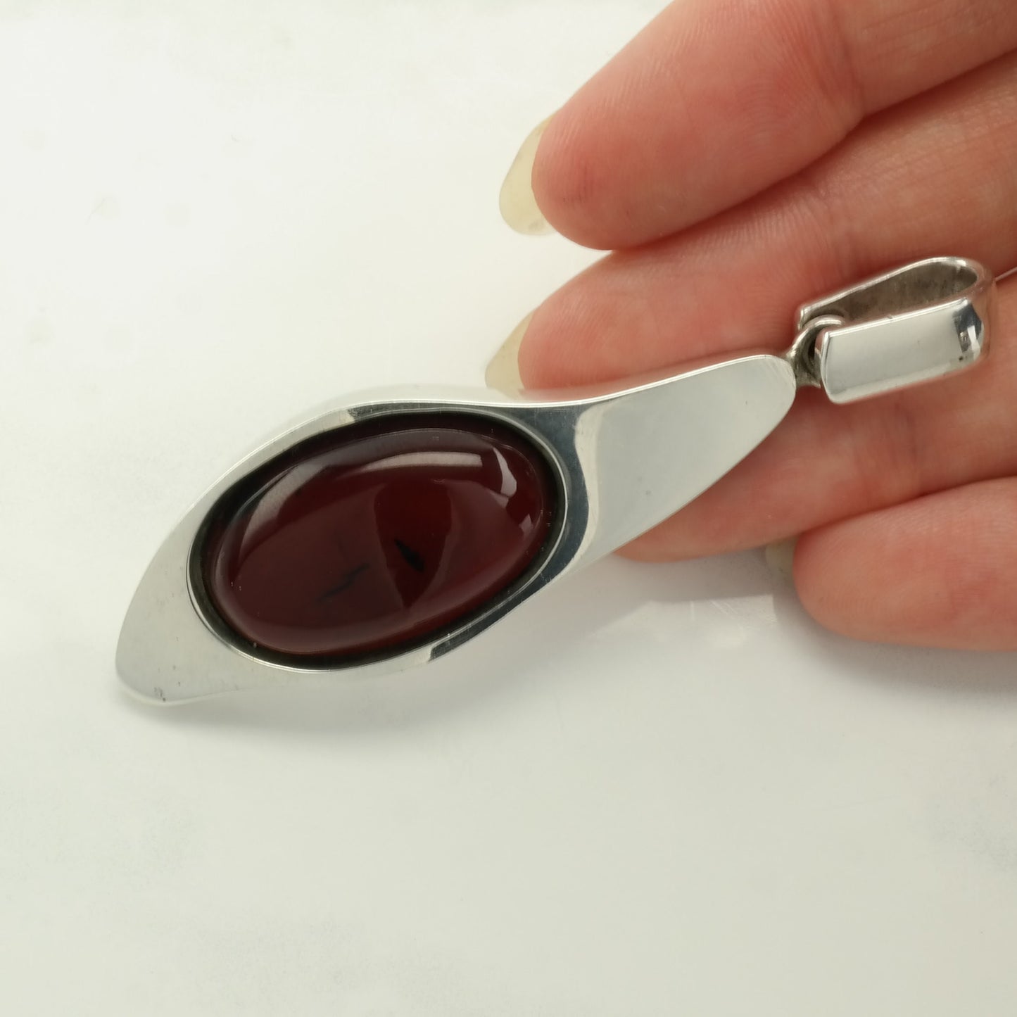 Vintage Modernist Dark Amber Abstract Sterling Silver Pendant