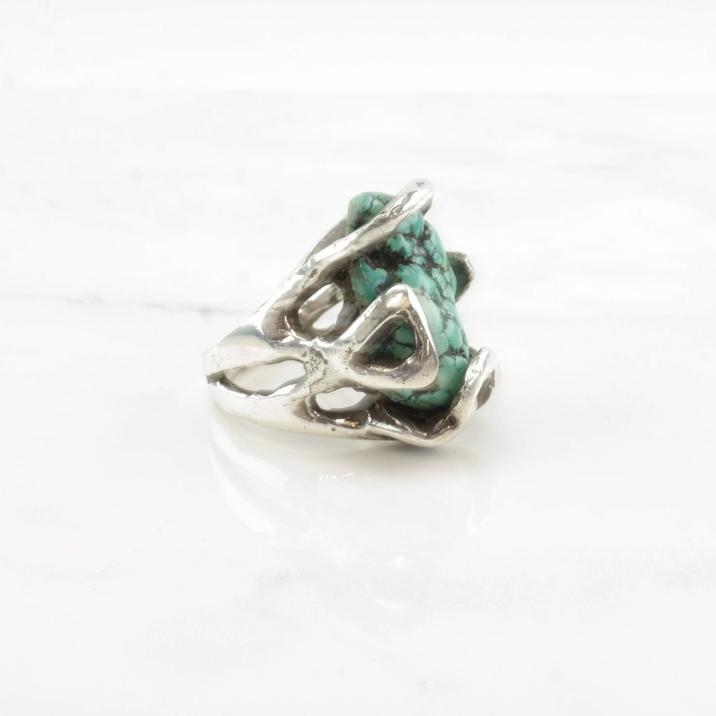 Vintage Brutalist Sterling Silver Ring with Turquoise, Spiderweb Design, Size 10 1/2, Circa 1980s