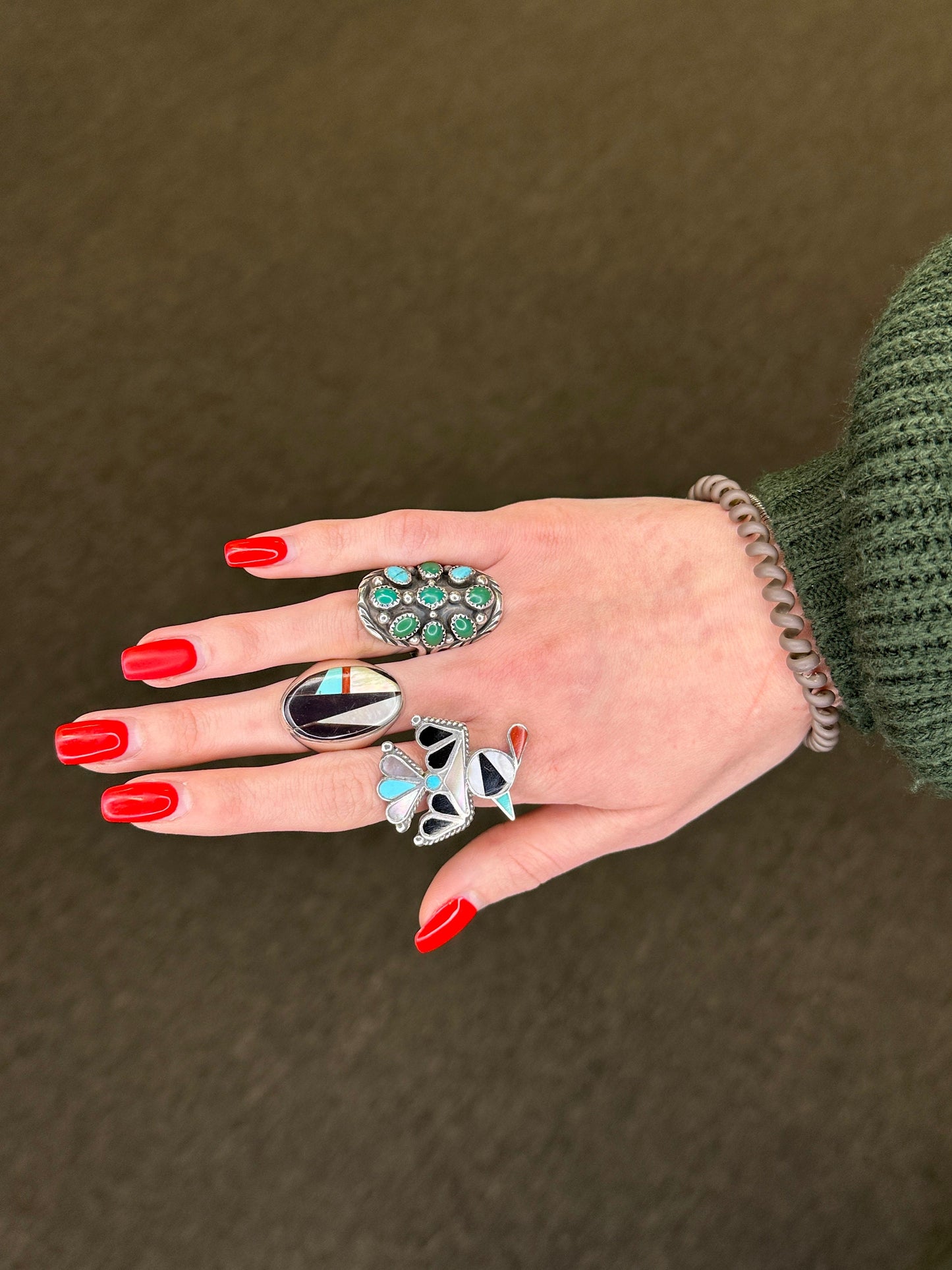 Vintage Zuni Sterling Silver Thunderbird Ring with Multi-Stone Inlay, Size 7, Attributed to Bobby Shack