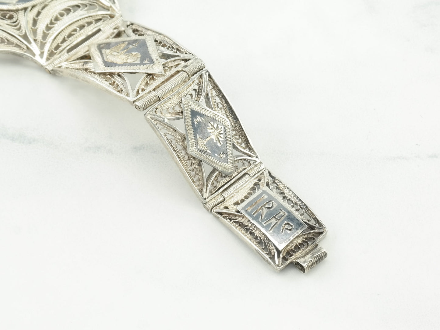 1943 Egyptian Sterling Silver Filigree Panel Bracelet Scenic