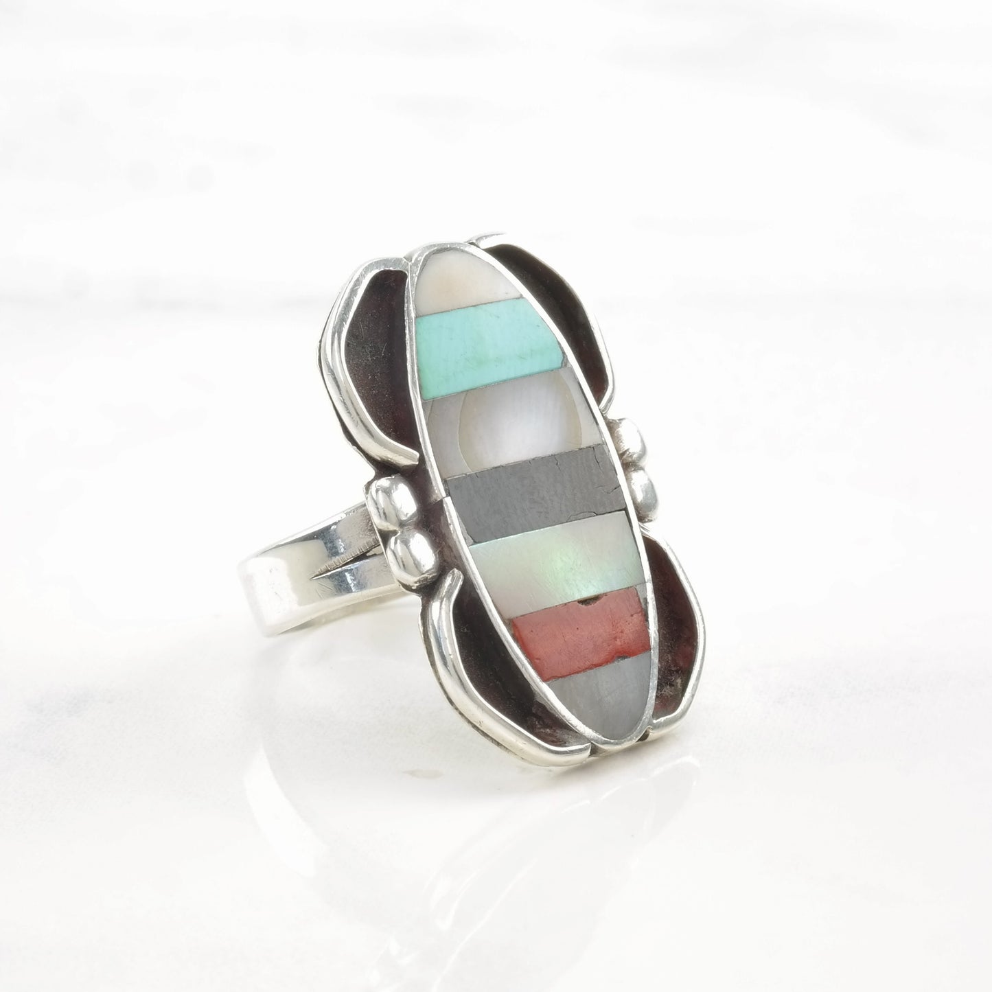 Vintage Native American Sterling Silver Ring MOP, Multi Gem Inlay Size 5 3/4