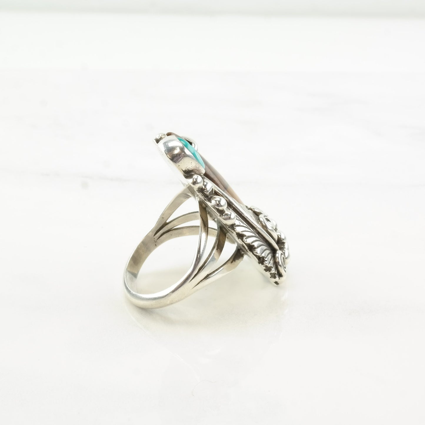 Vintage Native American Silver Ring Turquoise Tiger Eye Leaf Swirl Sterling Size 8 3/4