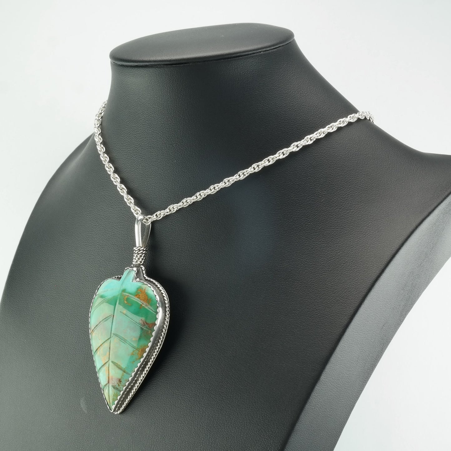 Carved Turquoise Leaf Native American Necklace Sterling Silver Royston