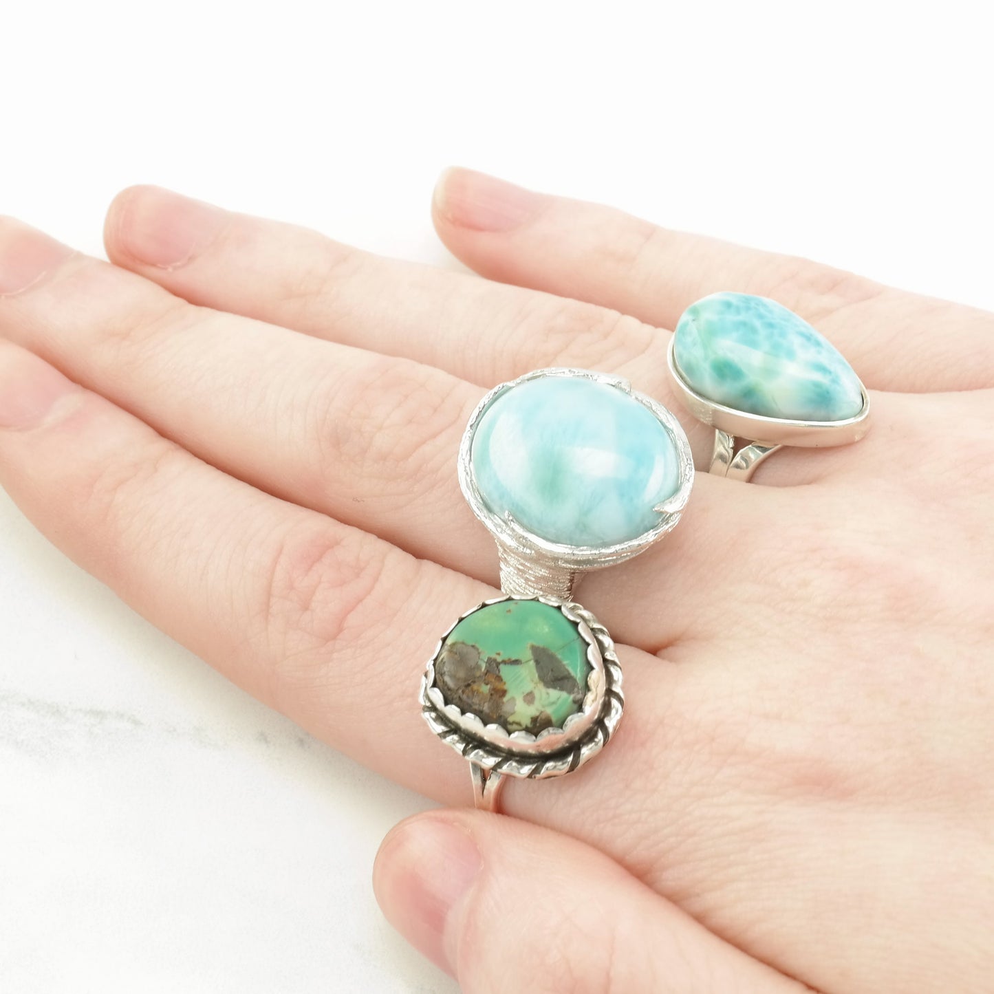 Vintage Sterling Silver Ring Larimar Large Sky blue Size 7