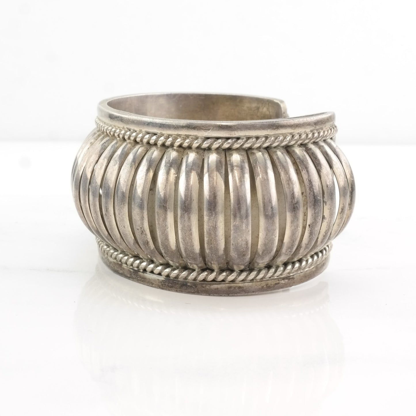 Vintage Sterling Silver Scalloped Cuff Bracelet, Size 7 1/4, 1980s, Signed Native American, Statement Jewelry