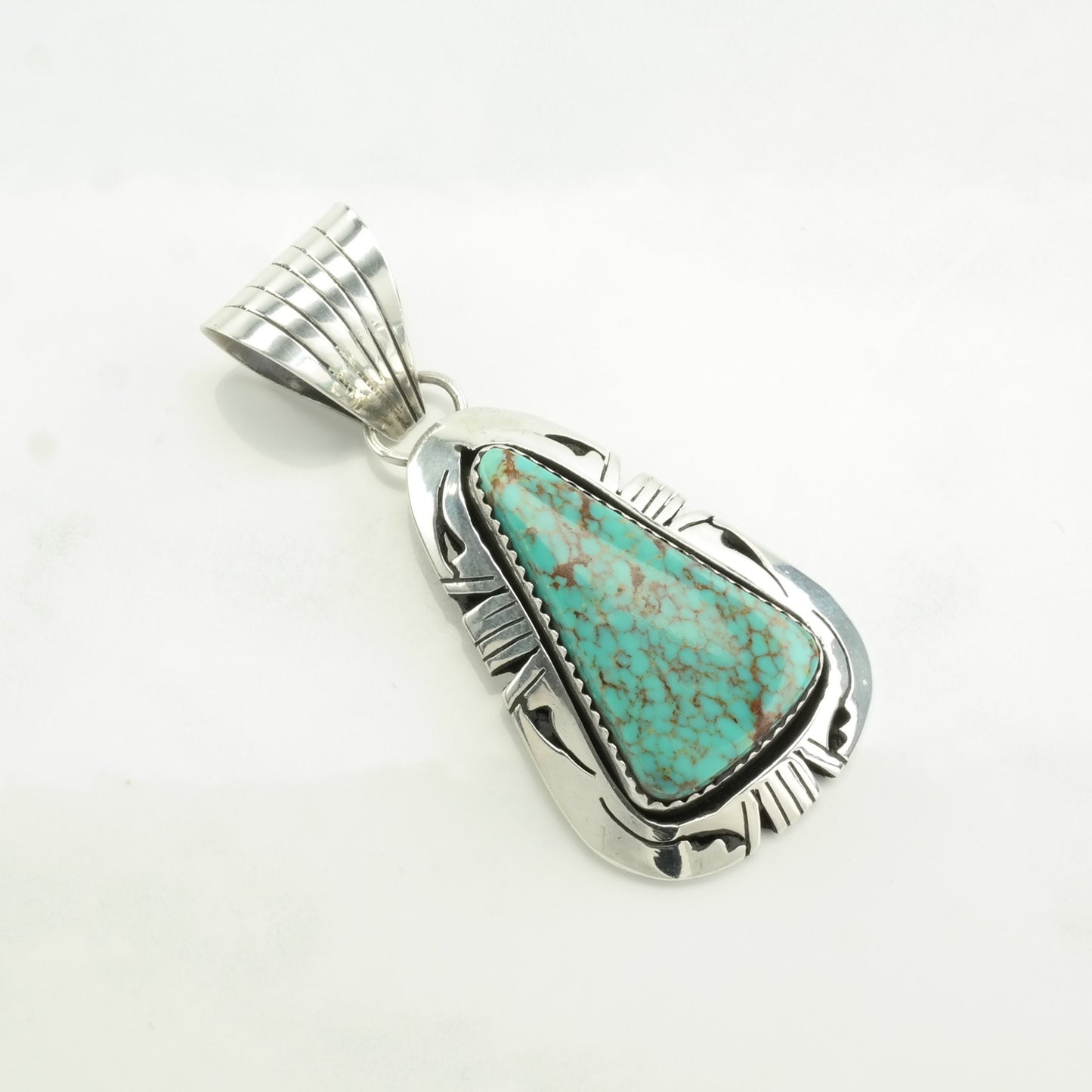 Vintage Native American Spiderweb Turquoise Triangle Sterling Silver Pendant
