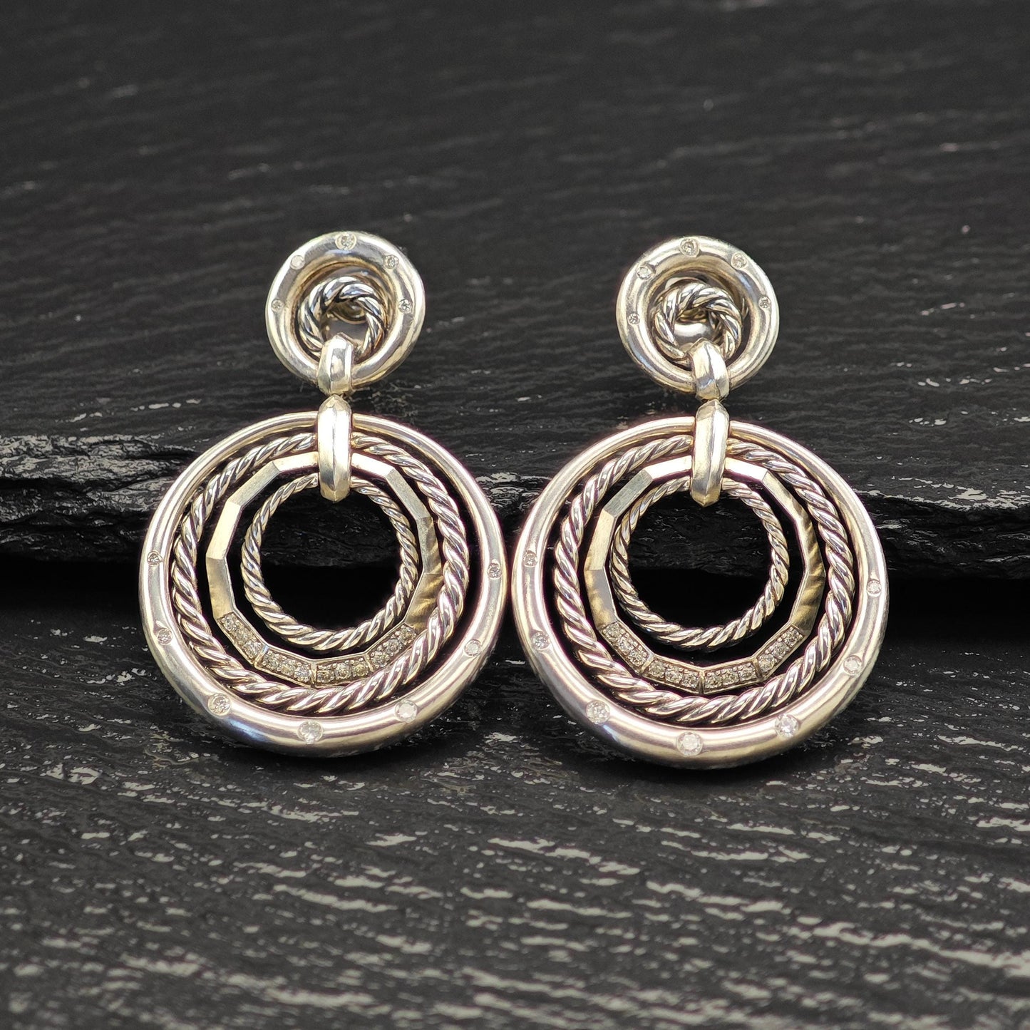 David Yurman Diamonds Stax, 14k Gold Posts Stud/Dangle Earrings Sterling Silver