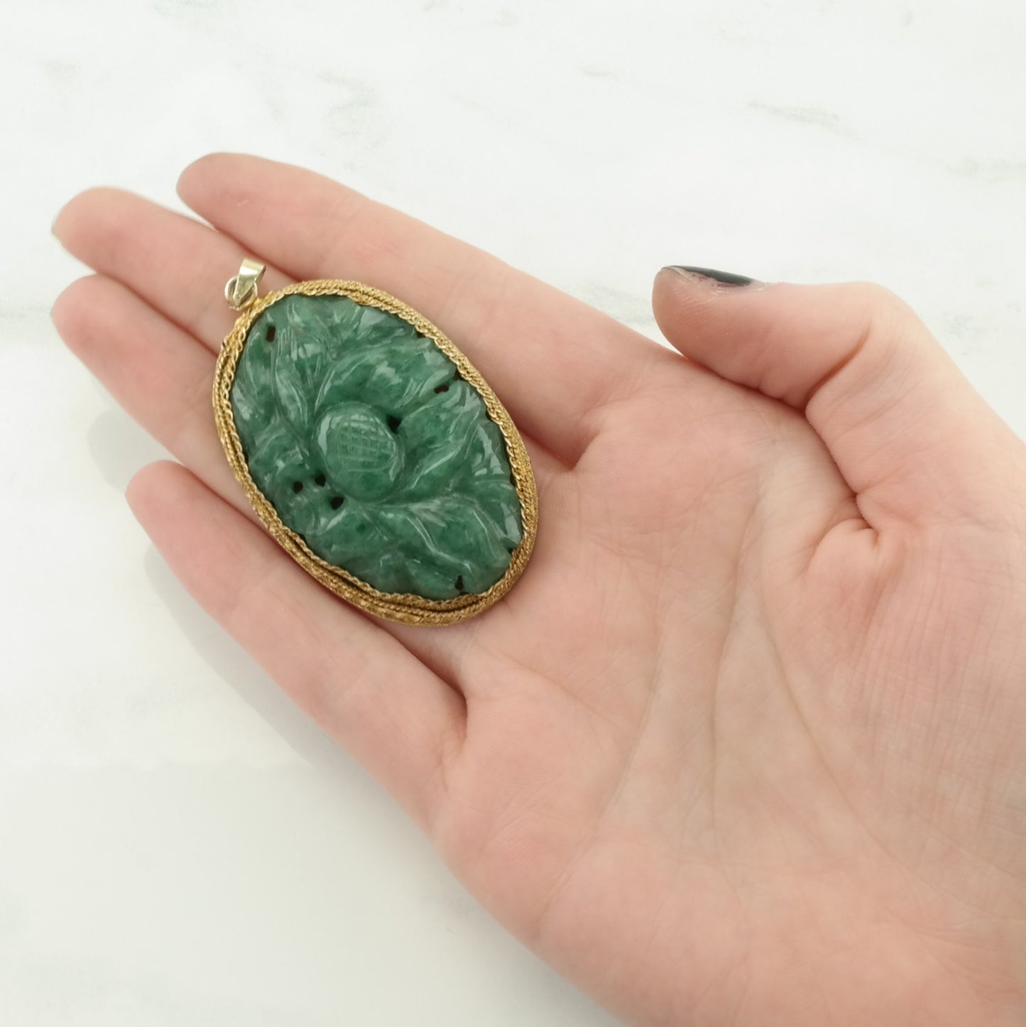 Vintage Chinese Export Jade, Quartzite Carved Flowers, Gold Gilded Sterling Silver Pendant