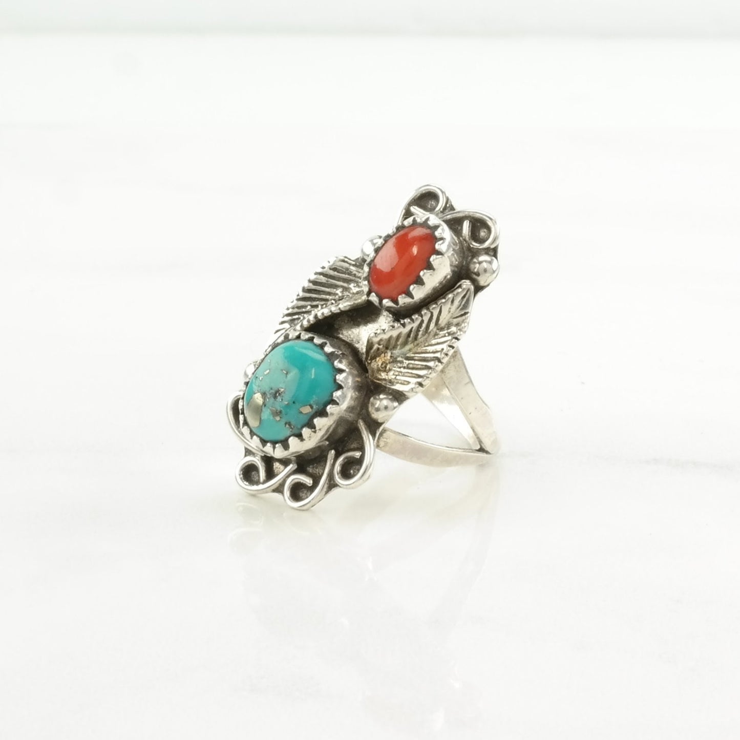Vintage Native American Silver Ring Turquoise, Coral Leaf Sterling Blue, Red Size 6 3/4