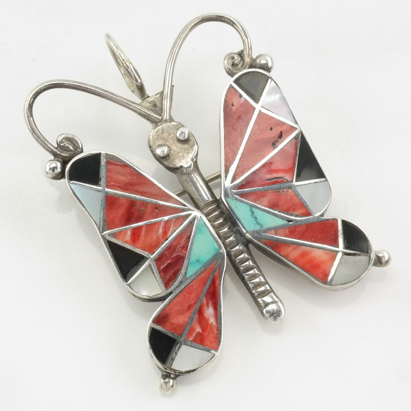 Native American Sterling Silver Butterfly Brooch & Pendant, Oyster and Turquoise Inlay