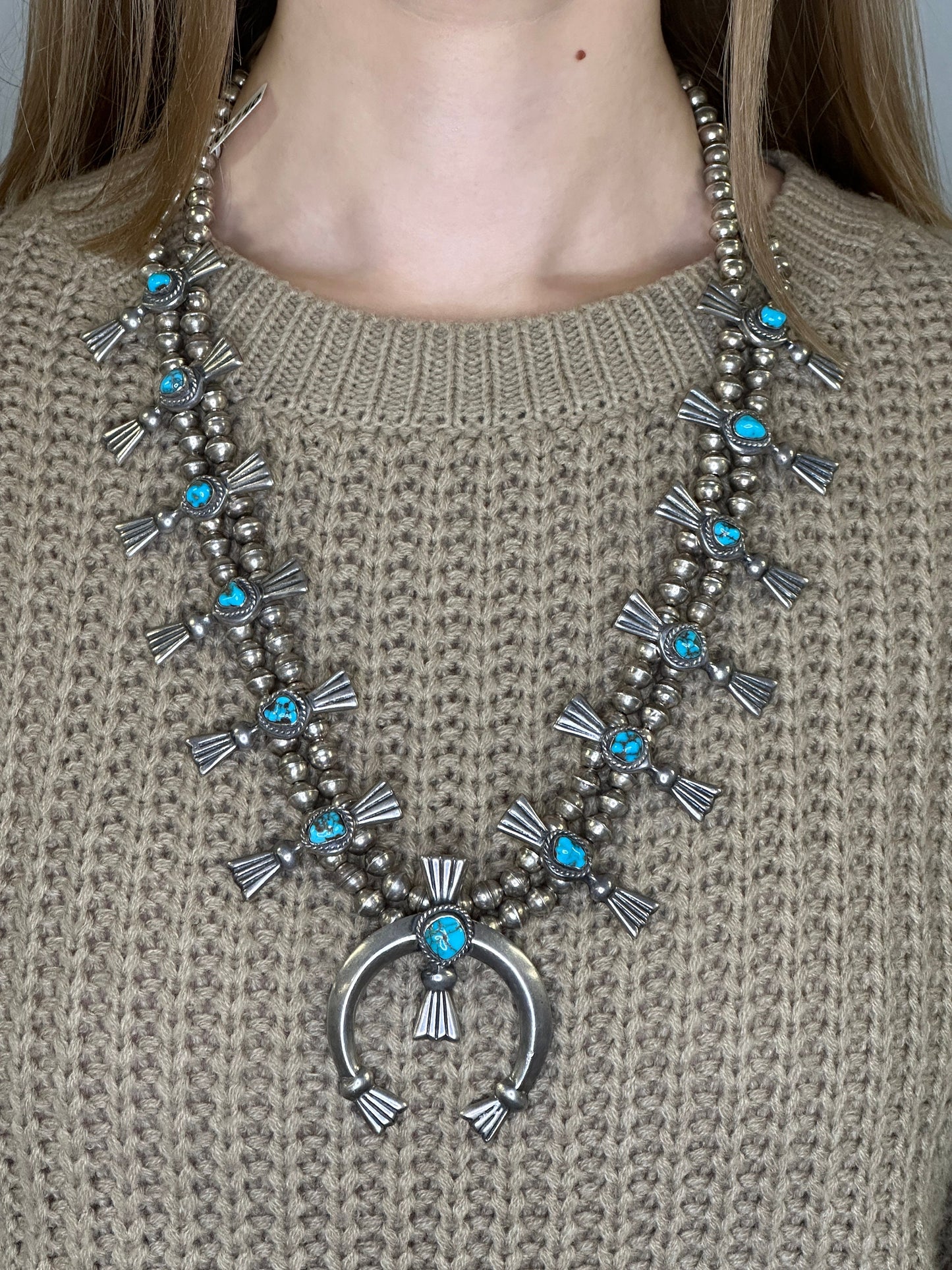 Vintage Native American Sterling Silver Gem Turquoise Squash Blossom Necklace