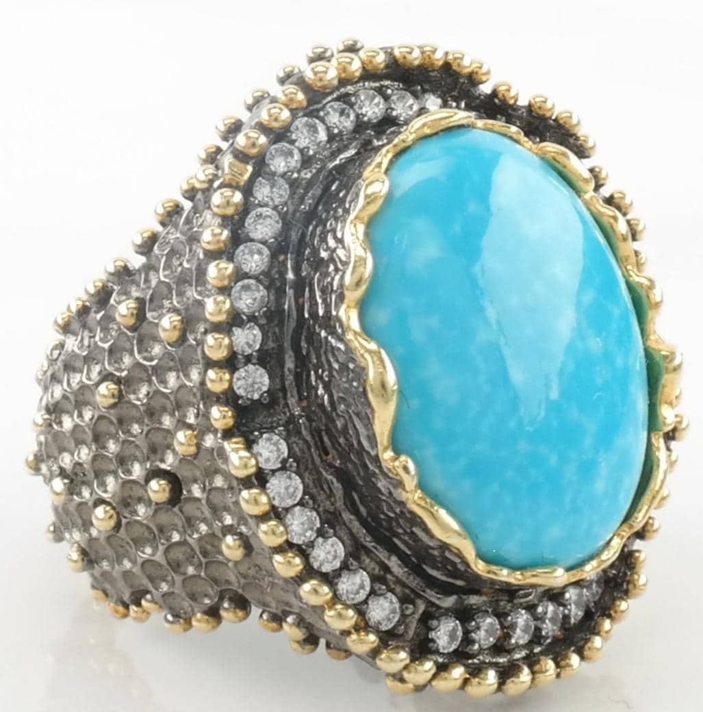 Vintage JAS Sterling Silver Ring Turquoise Diamond Blue Oval Textured Size 7 1/4