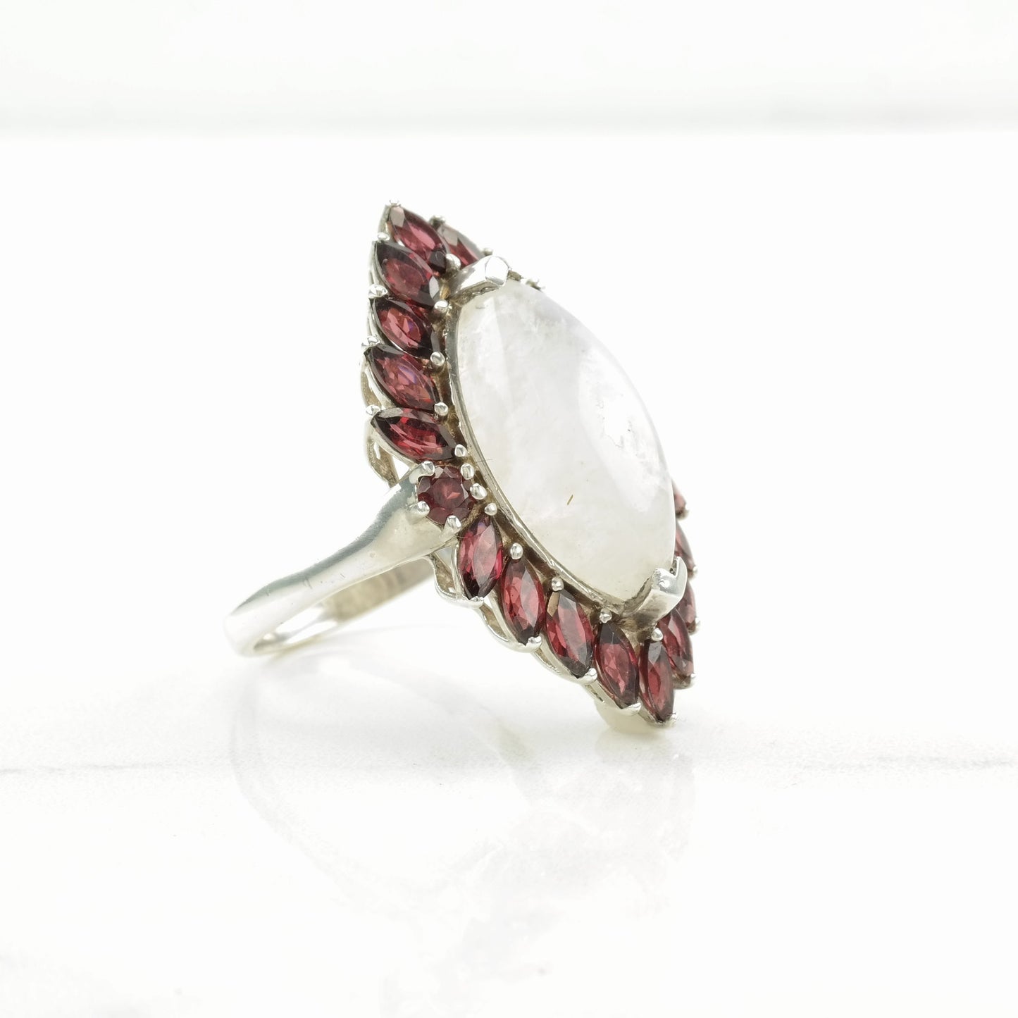 Vintage Sterling Silver Ring Moonstone, Garnet Pink Size 9