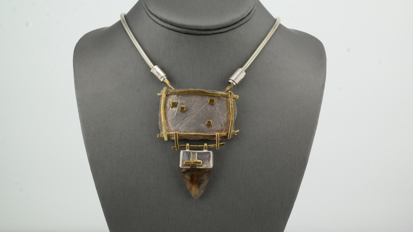 Studio Crafted Sterling Silver & Rutilated Quartz Necklace | Mixed Metals Pendant | Modernist Design