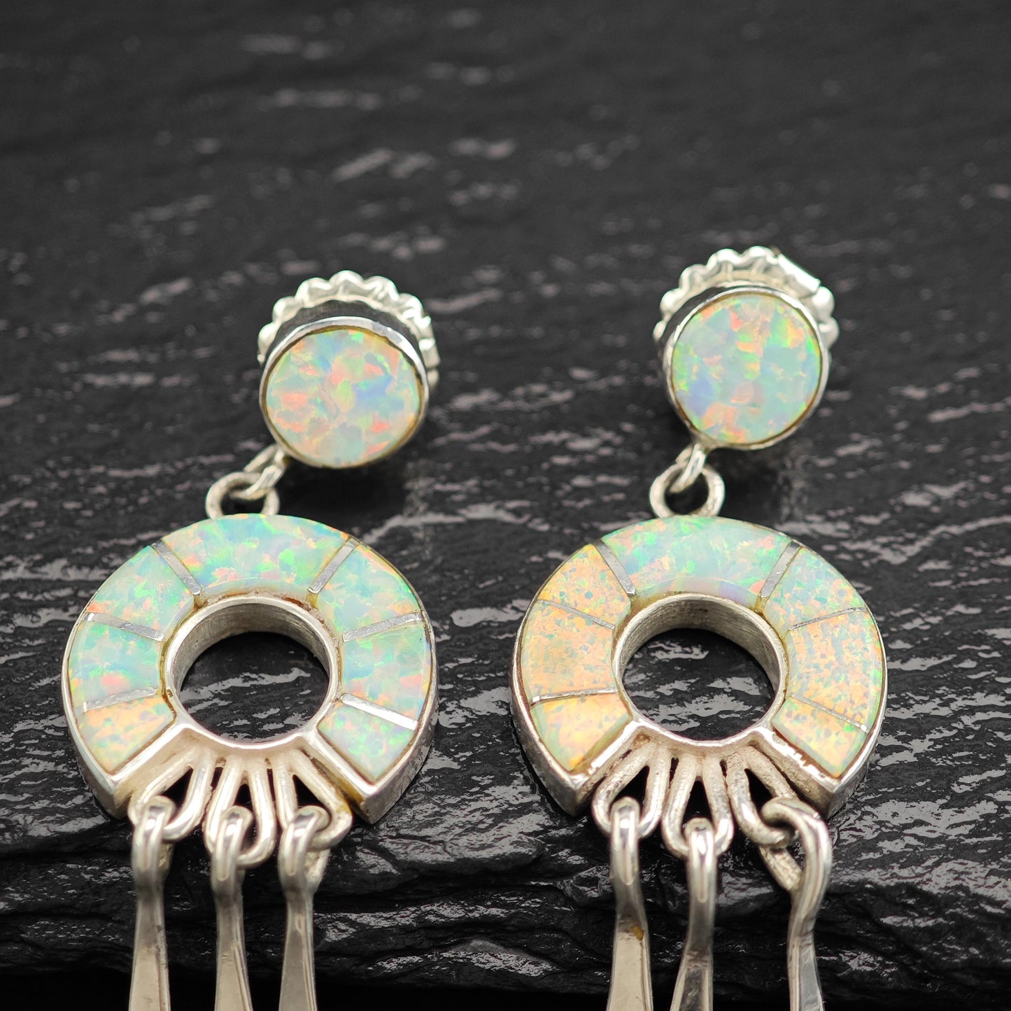 Native American Earrings with Calvin Begay Rainbow Lab Opal Inlay Sterling Silver
