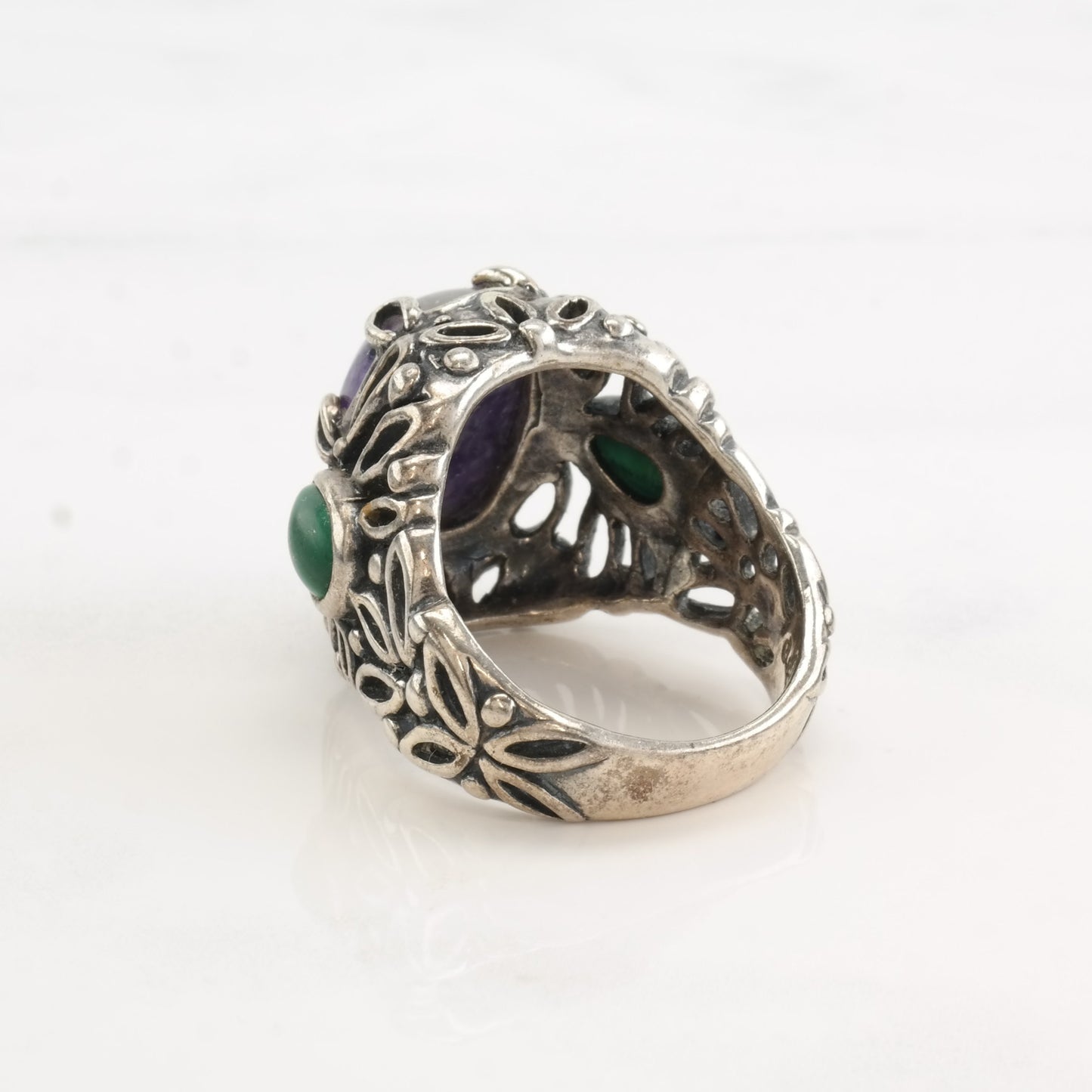 Vintage Carolyn Pollack Silver Ring Malachite Charoite Teardrop Sterling Size 8 1/2