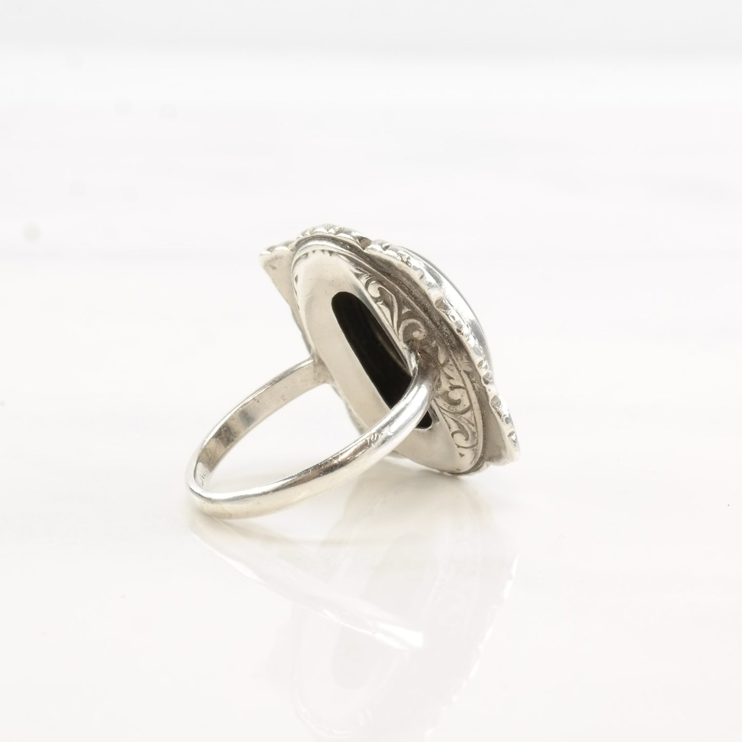 Art Deco Silver Ring Onyx Marcasite Oval Sterling Black Sz4 1/2 R4360