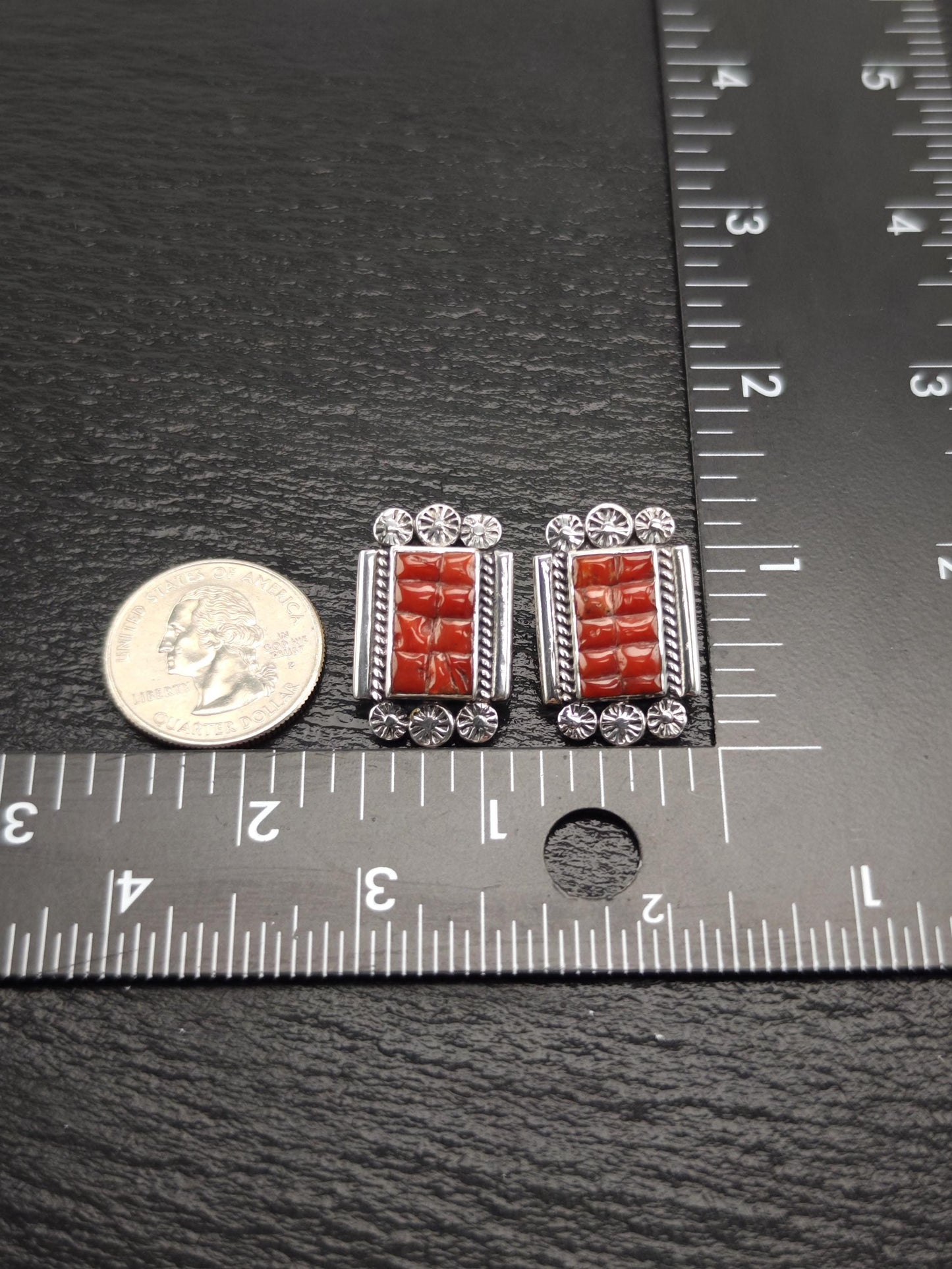Southwest Red Coral Inlay Stud Earrings Sterling Silver