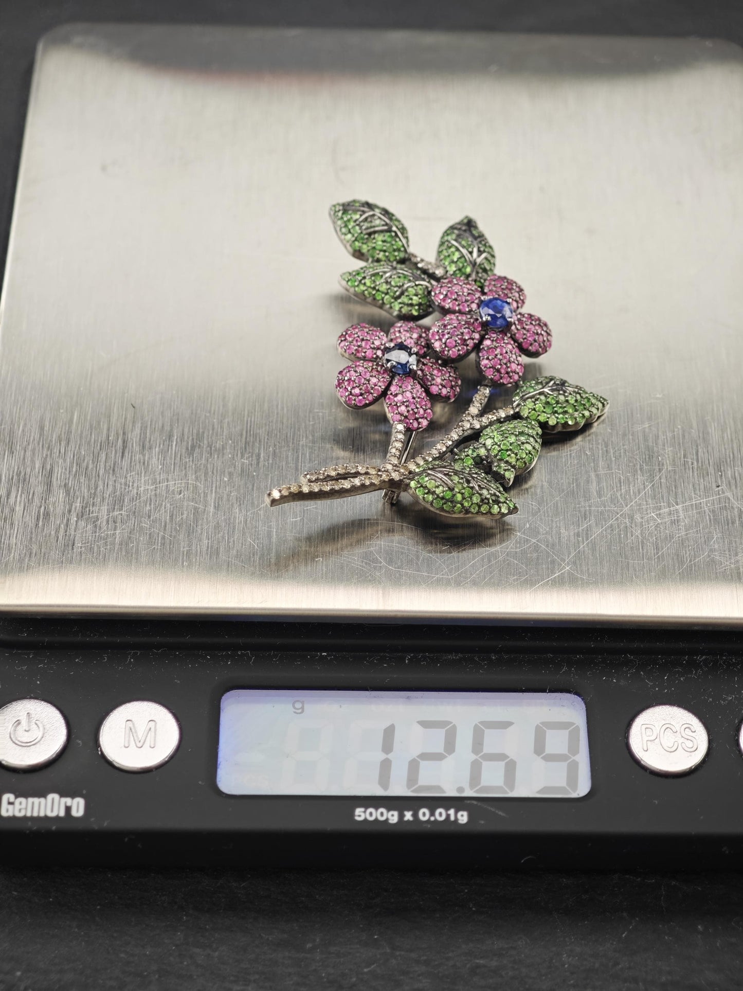 Diamond Flowers Sterling Silver Brooch Pendant