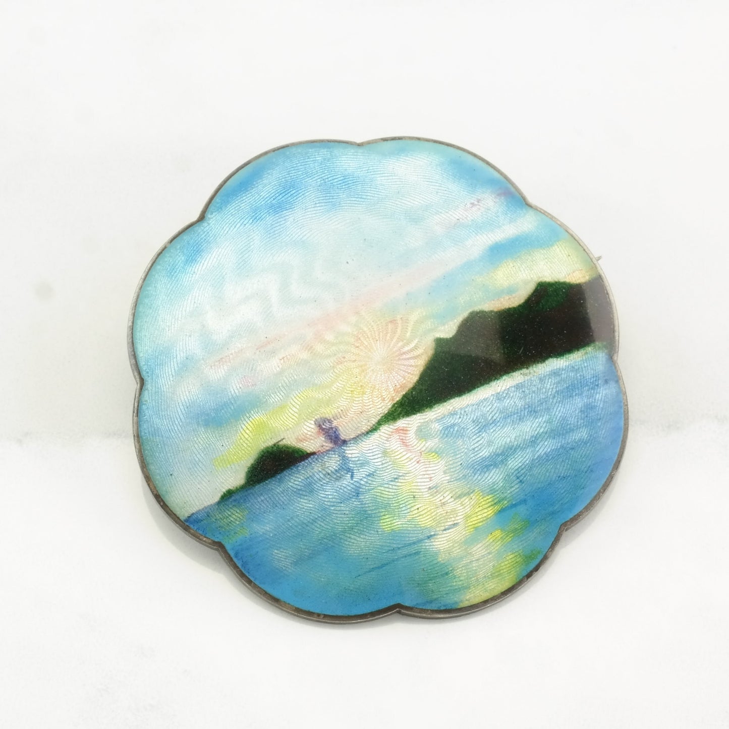 Gustav Gaudernack Sterling Silver Brooch Sunrise, Water, Scene Enamel