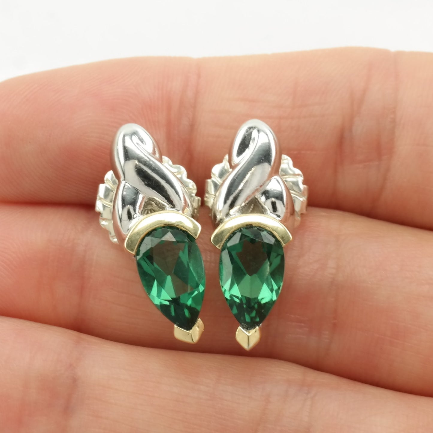 Vintage Sterling Silver Green Gemstone 18K Gold Earrings Stud