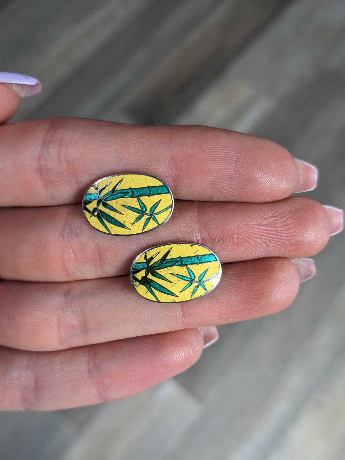 Vintage Enamel Bamboo Leaf Earrings Sterling Silver Screw Back/Clip On