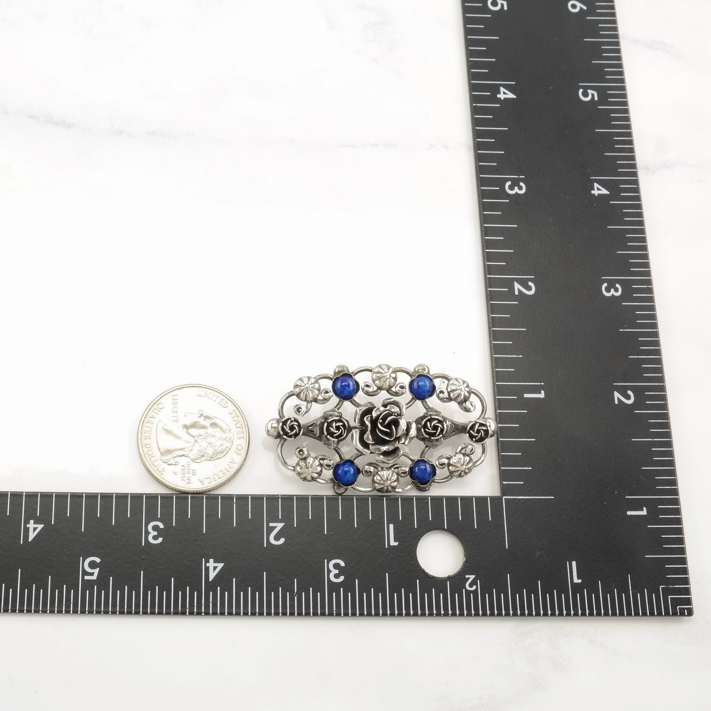 Rose Brooch, Floral, Lapis Lazuli Sterling Silver B1636