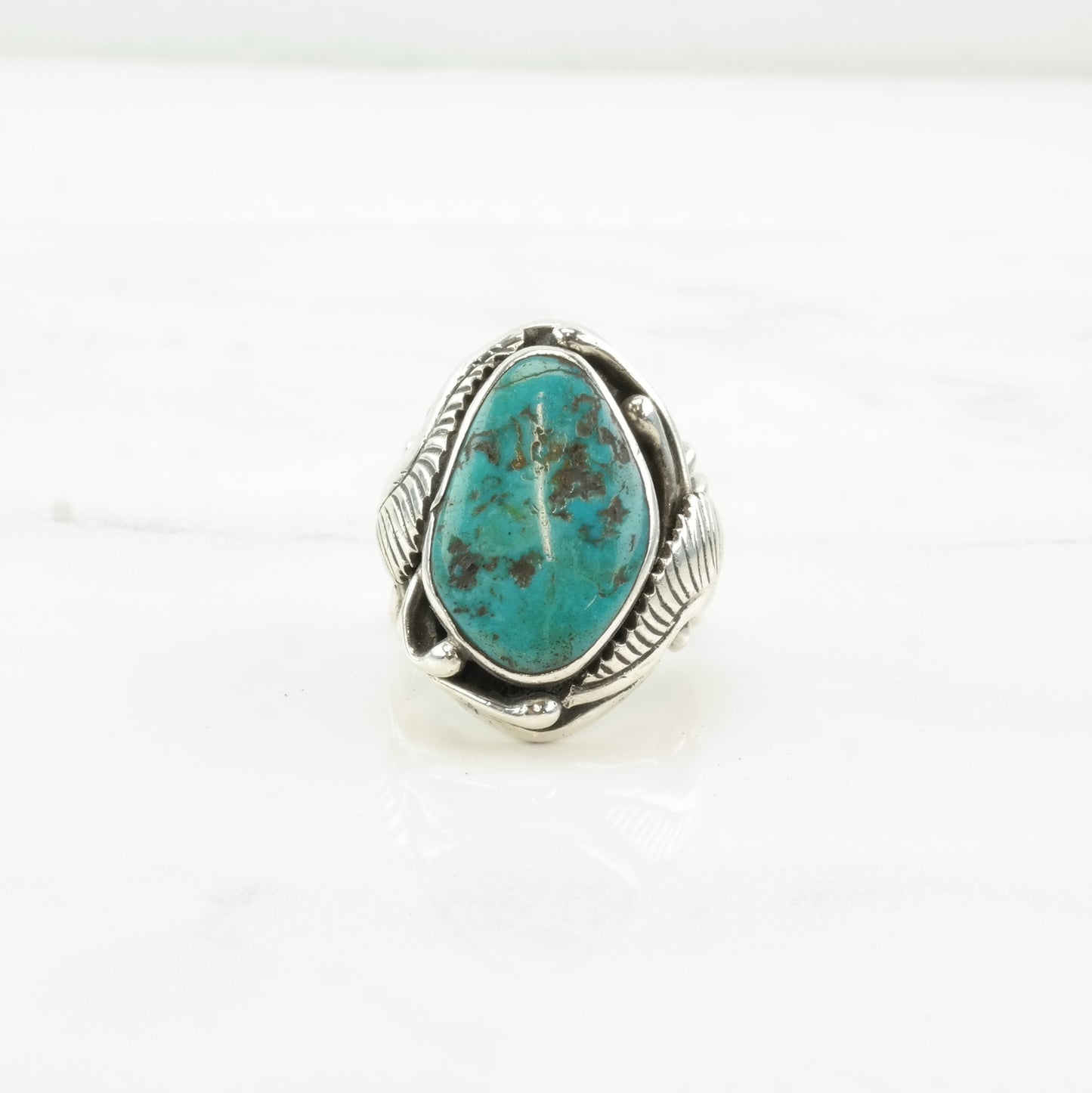 Vintage Navajo Silver Ring Turquoise Leaf Sterling Size 9